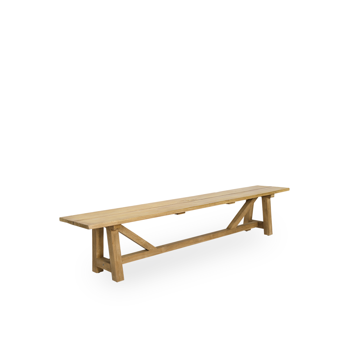 Vista lateral del banco de exterior George en teca. Longitud 220 cm, capacidad para 4 personas, hecho a mano con teca premium de Indonesia, certificado como ‘Indonesian Legal Wood’.