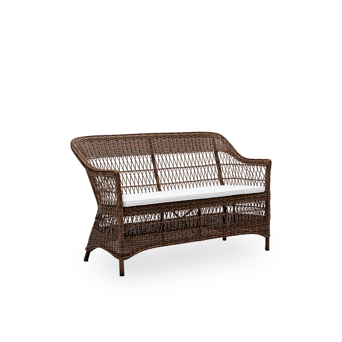 Vista lateral del sofá de exterior Charlot de 2 plazas con cojín de asiento, en ArtFibre marrón y aluminio. De la colección Georgia Garden de Sika-Design, inspirada en el estilo colonial británico y el mueble de mimbre danés clásico.