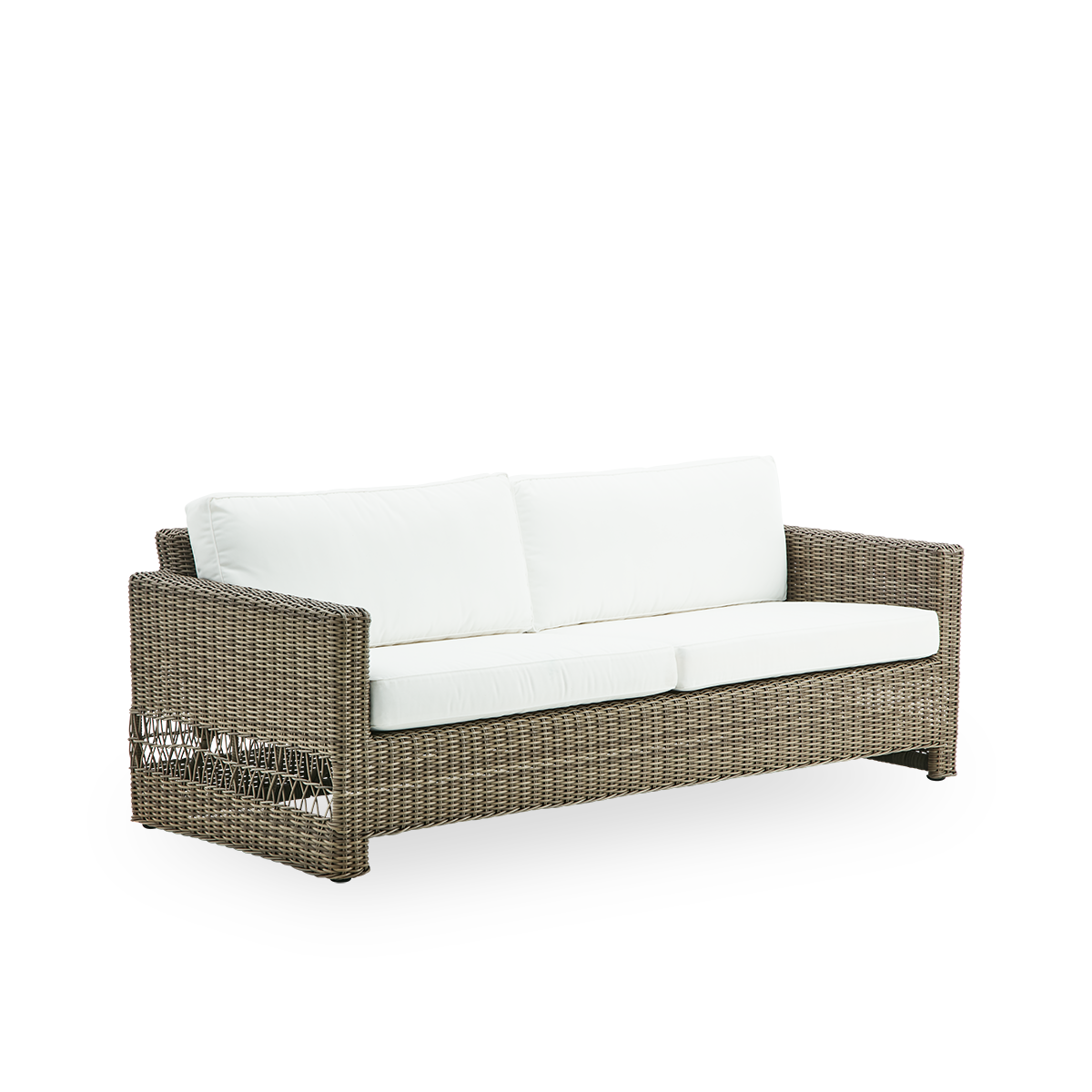 Vista lateral del sofá exterior Carrie en color Antique. Sofá cuadrado y robusto de 3 plazas con estructura de aluminio completamente tejida en ArtFibre.