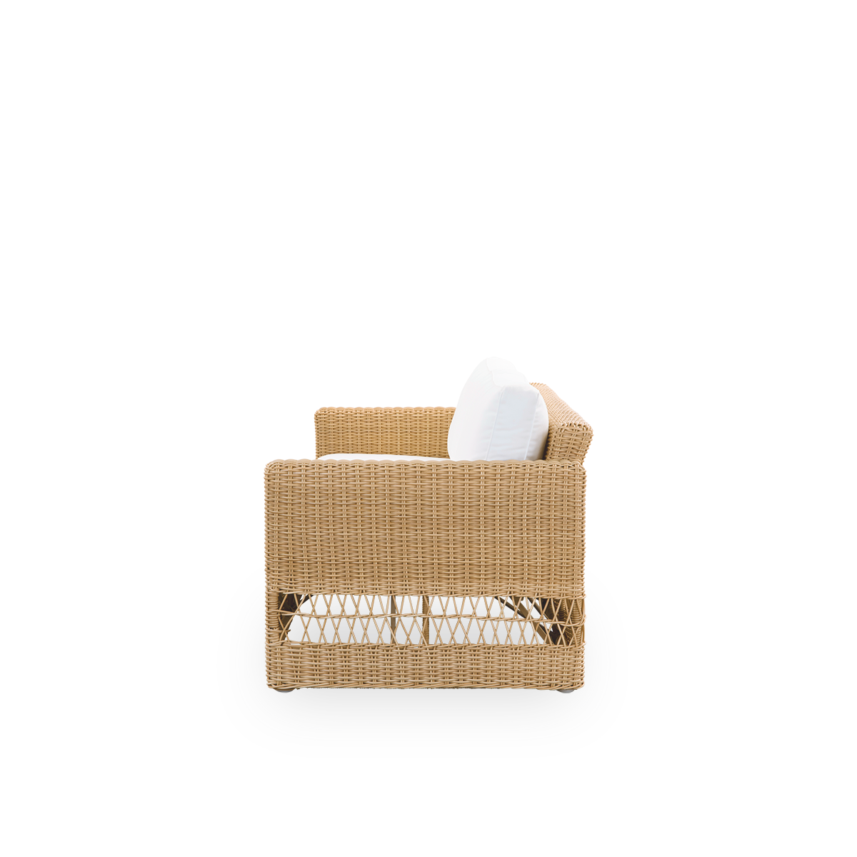 Vista lateral simple del sofá exterior Carrie en color Natural. Sofá cuadrado y robusto de 3 plazas con estructura de aluminio totalmente tejido en ArtFibre.