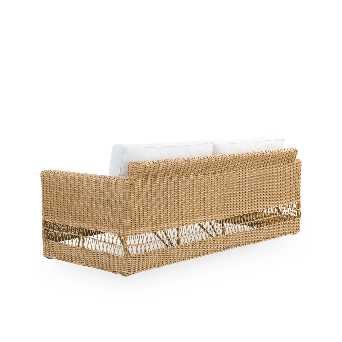 Vista desde atrás del sofá de exterior Carrie en color natural. Sofá cuadrado y robusto de tres plazas con estructura de aluminio completamente trenzada con ArtFibre.