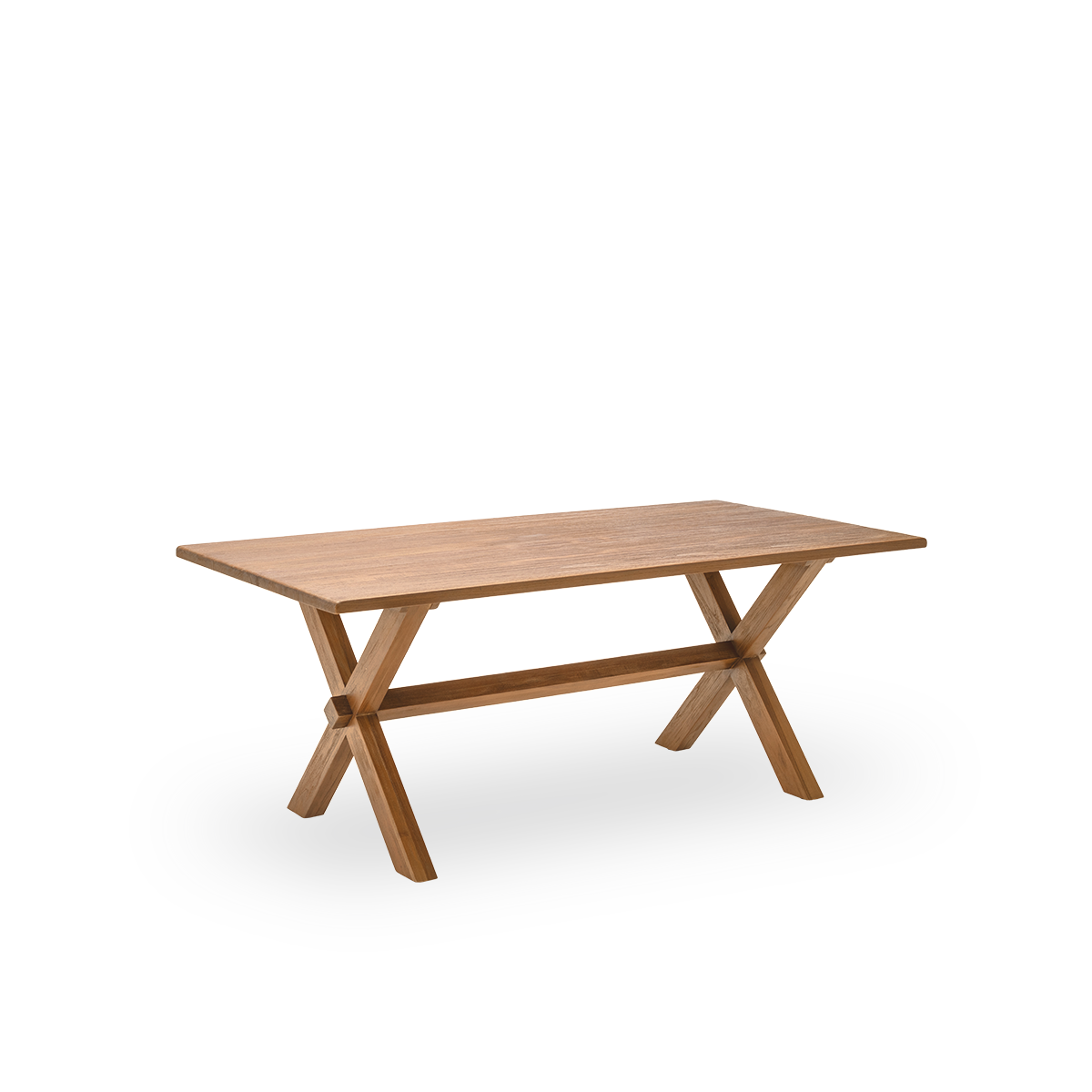 Vista lateral de la mesa de comedor Hugo, 180x90 cm, en teca con superficie natural y patinada. Tratada en superficie para resaltar la veta natural de la madera, con capacidad para seis. Fabricada en teca certificada como Indonesian Legal Wood.
