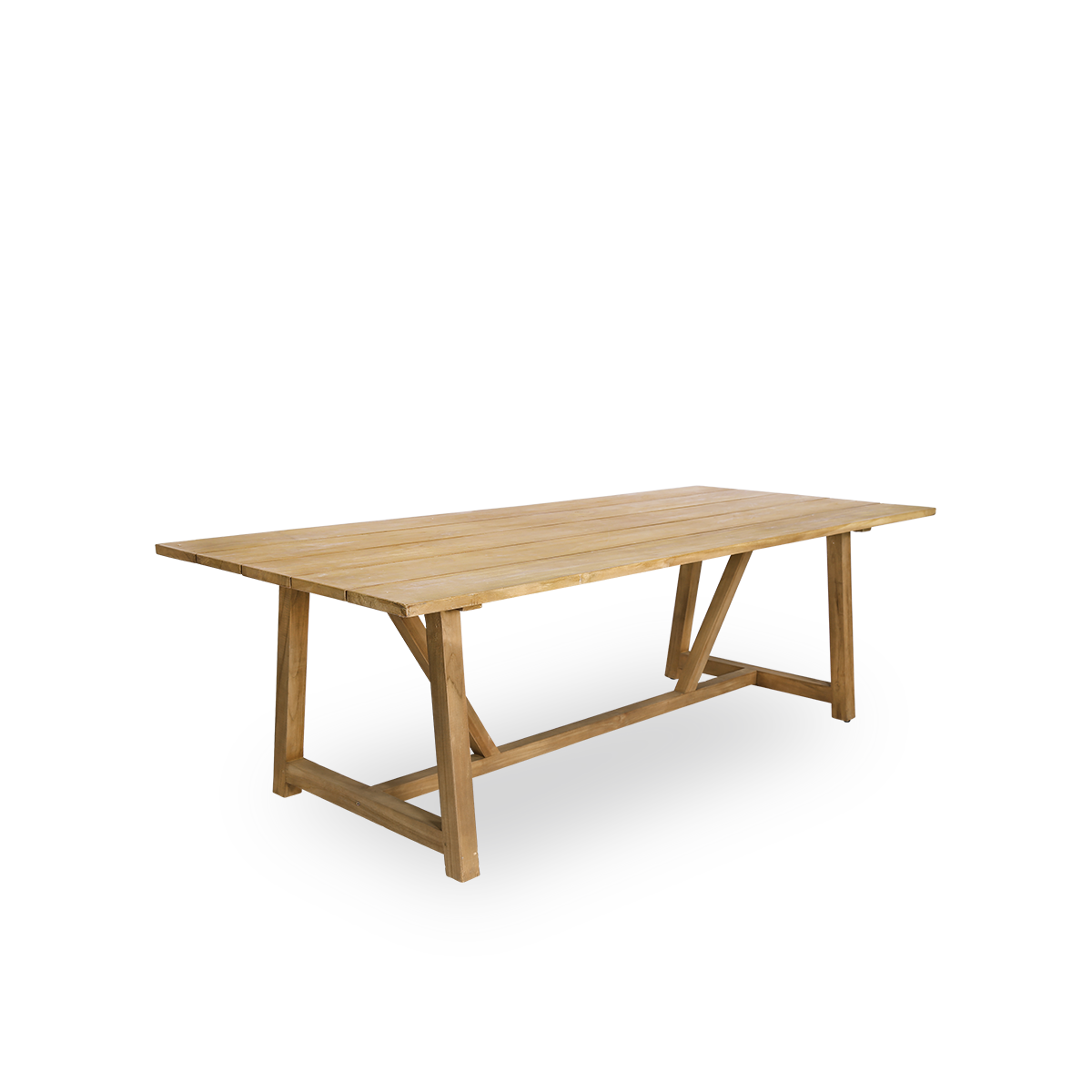 Vista lateral de la mesa de comedor George para exterior en teca 240x100 cm, capacidad para 8 personas. La mesa tiene un color castaño, con las tablas de madera colocadas con un pequeño espacio entre ellas.