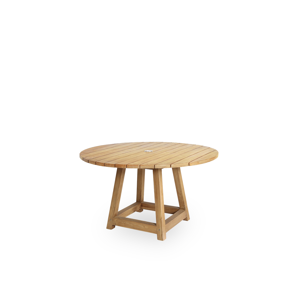 Vista lateral de la mesa de comedor redonda George para exterior Ø120 cm, capacidad para 4 personas, con agujero para parasol en el centro. La mesa está hecha a mano con teca premium de Indonesia, certificada como ‘Indonesian Legal Wood’.