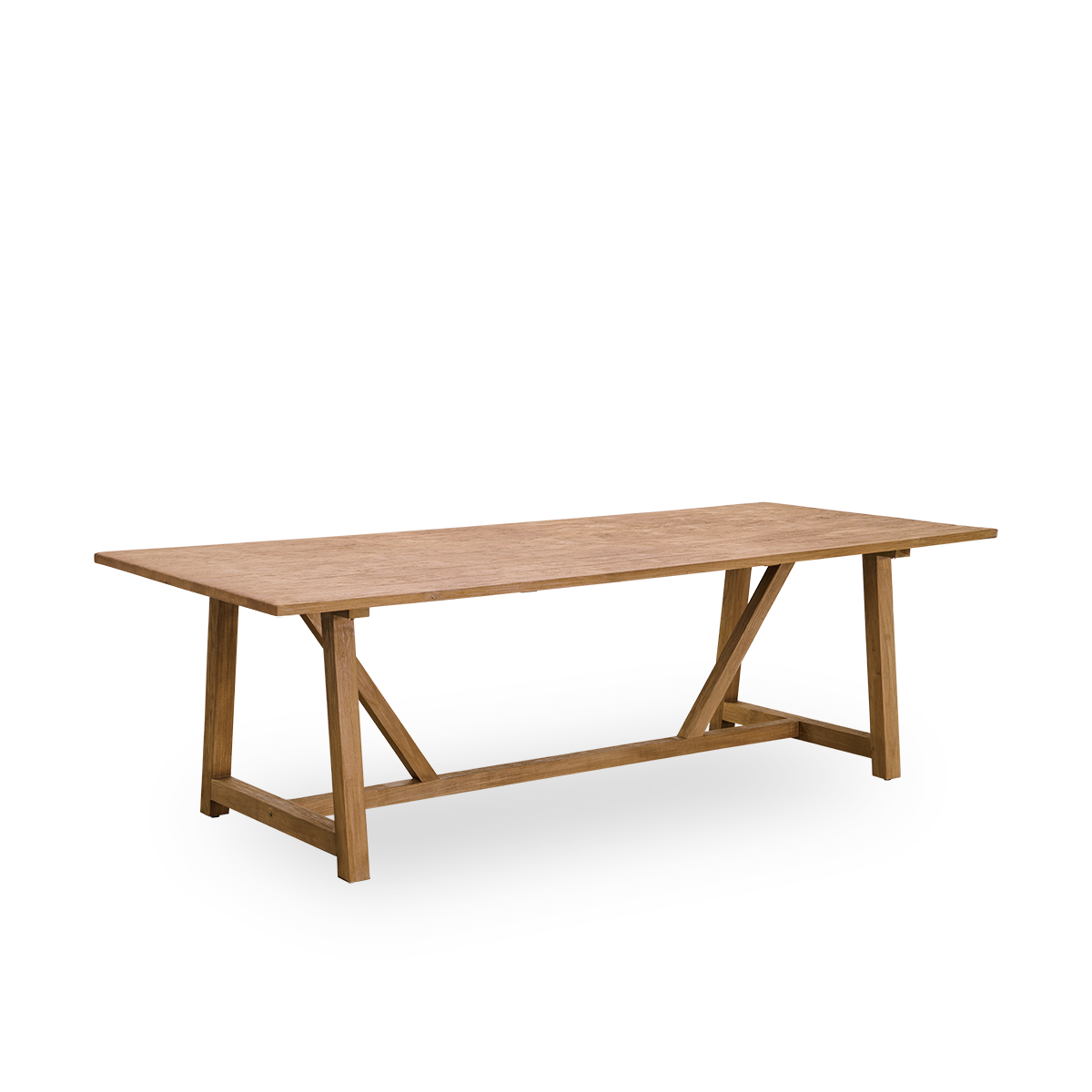 Vista lateral de la mesa de comedor de interior Lucas de teca patinada con un aspecto rústico y exclusivo en color castaño natural. Medidas 240×100 cm, capacidad para 8 personas.