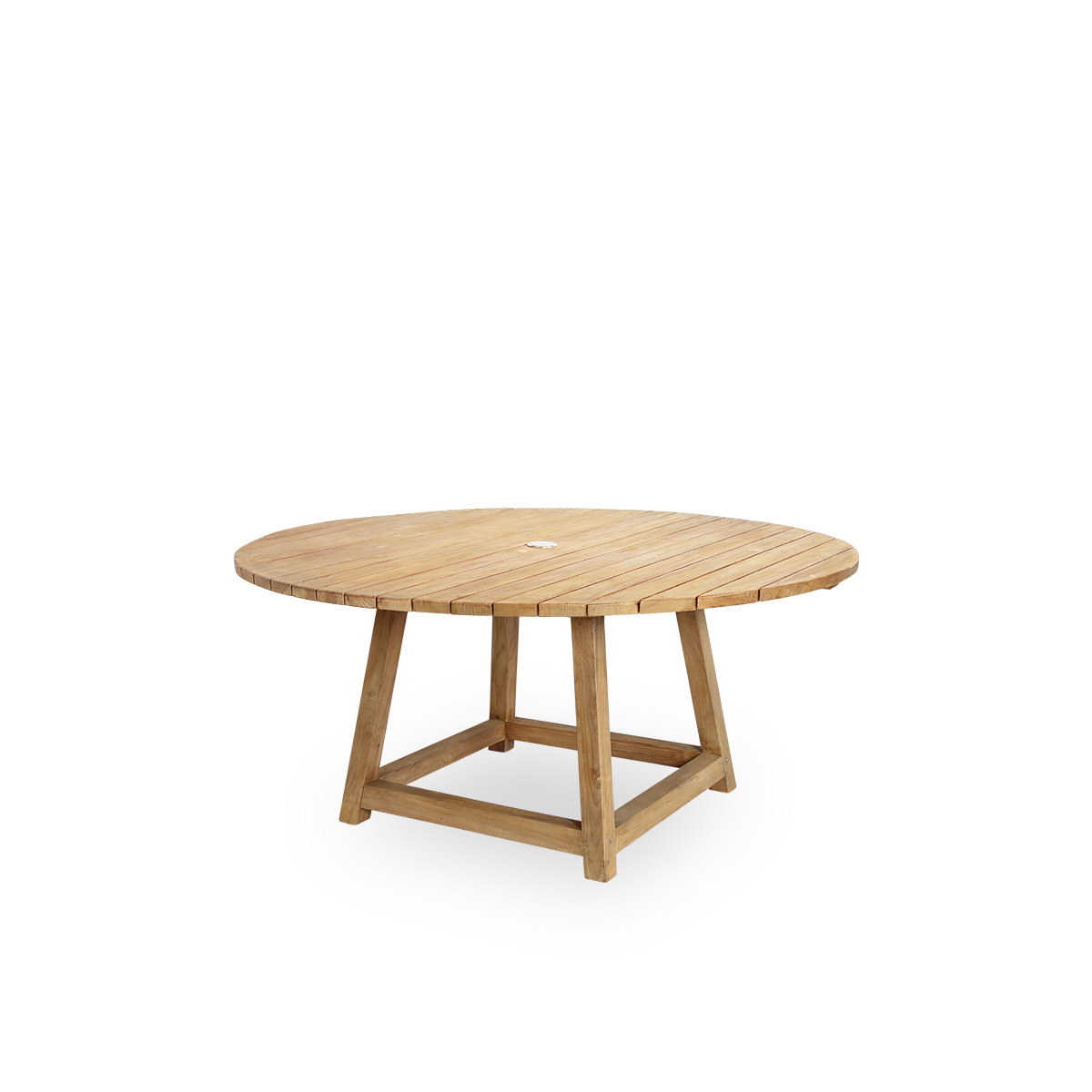Vista lateral de la mesa de comedor redonda George para exterior en teca Ø160 cm, capacidad para 6 personas, con agujero para parasol en el centro. La mesa tiene un color castaño, con las tablas de madera colocadas con un pequeño espacio entre ellas.