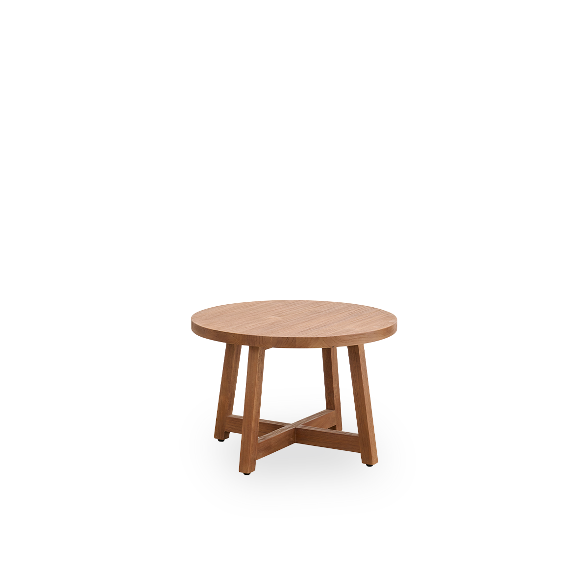 Vista lateral de mesa de café redonda con un diámetro de 75 cm y una altura de 51 cm, hecha de teca con superficie natural patinada.