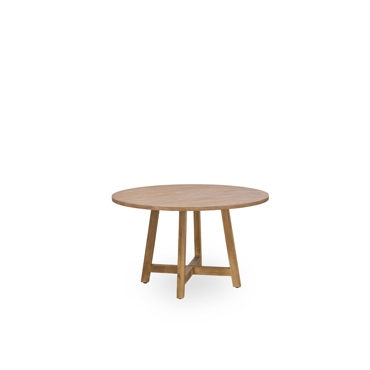 Vista lateral de mesa de comedor de teca con un diámetro de 75 cm y una altura de 51 cm. Hecha de teca con superficie natural patinada.