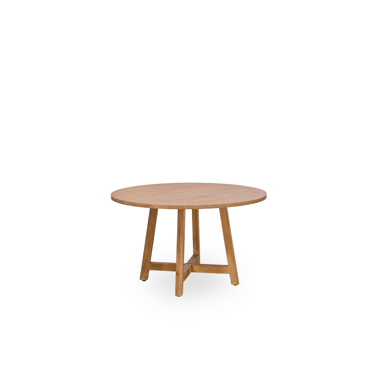 Vista lateral de mesa de comedor de teca con un diámetro de 75 cm y una altura de 51 cm. Hecha de teca con superficie natural patinada.