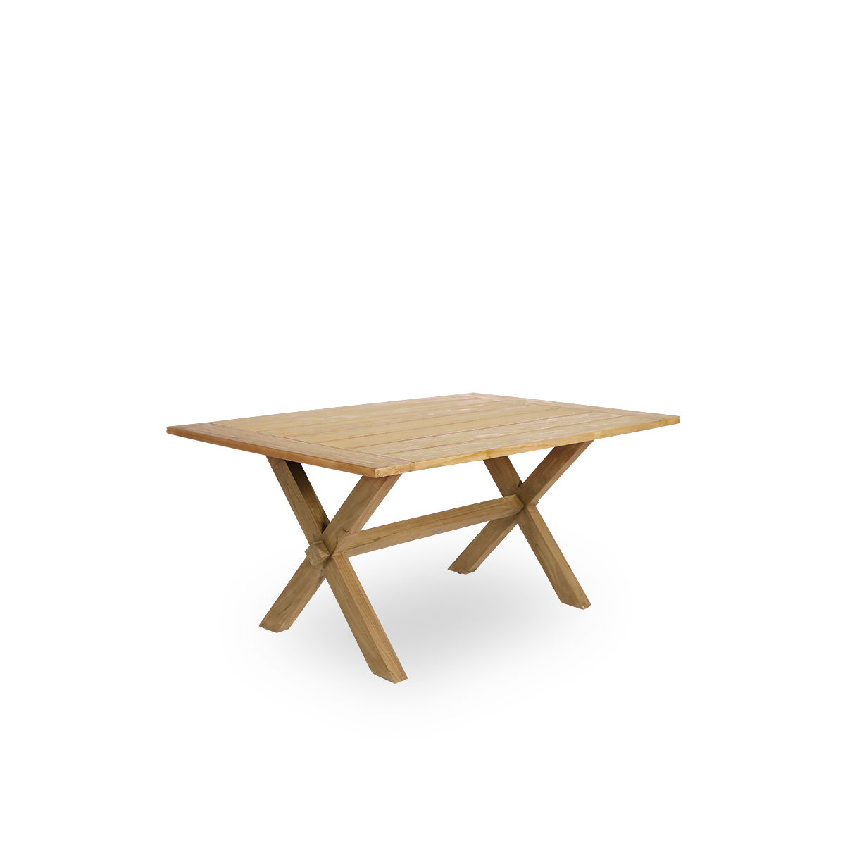 Vista lateral de la mesa de comedor exterior Colonial de teca 160x100 cm, apta para 4 personas. La mesa tiene un color castaño marrón, con las tablas de madera colocadas con un pequeño espacio entre ellas.