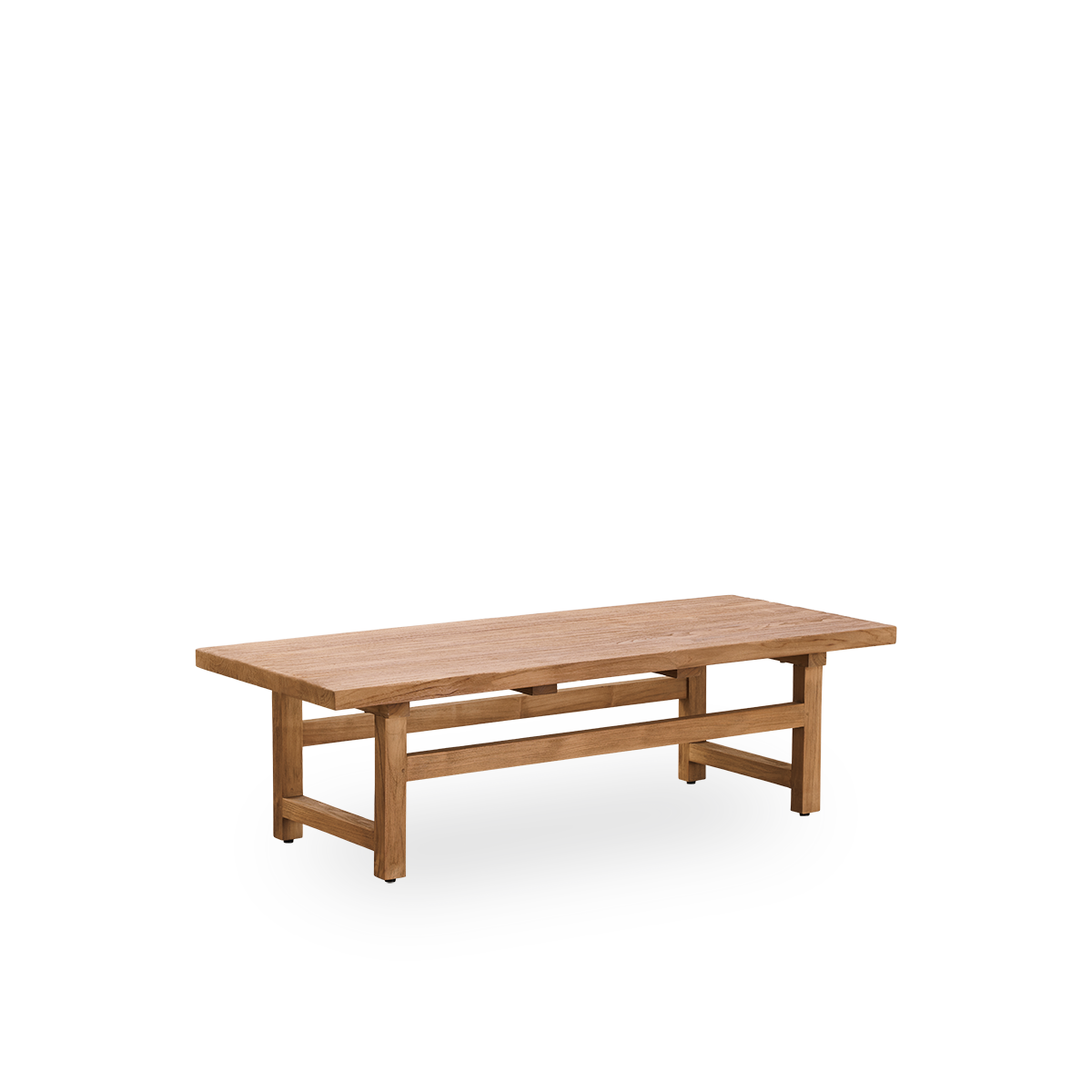Vista lateral de la mesa de café Alfred, 140x55 cm, fabricada con madera legal de Indonesia, con teca patinada y acabado rústico, mostrando la madera natural y un diseño sólido.