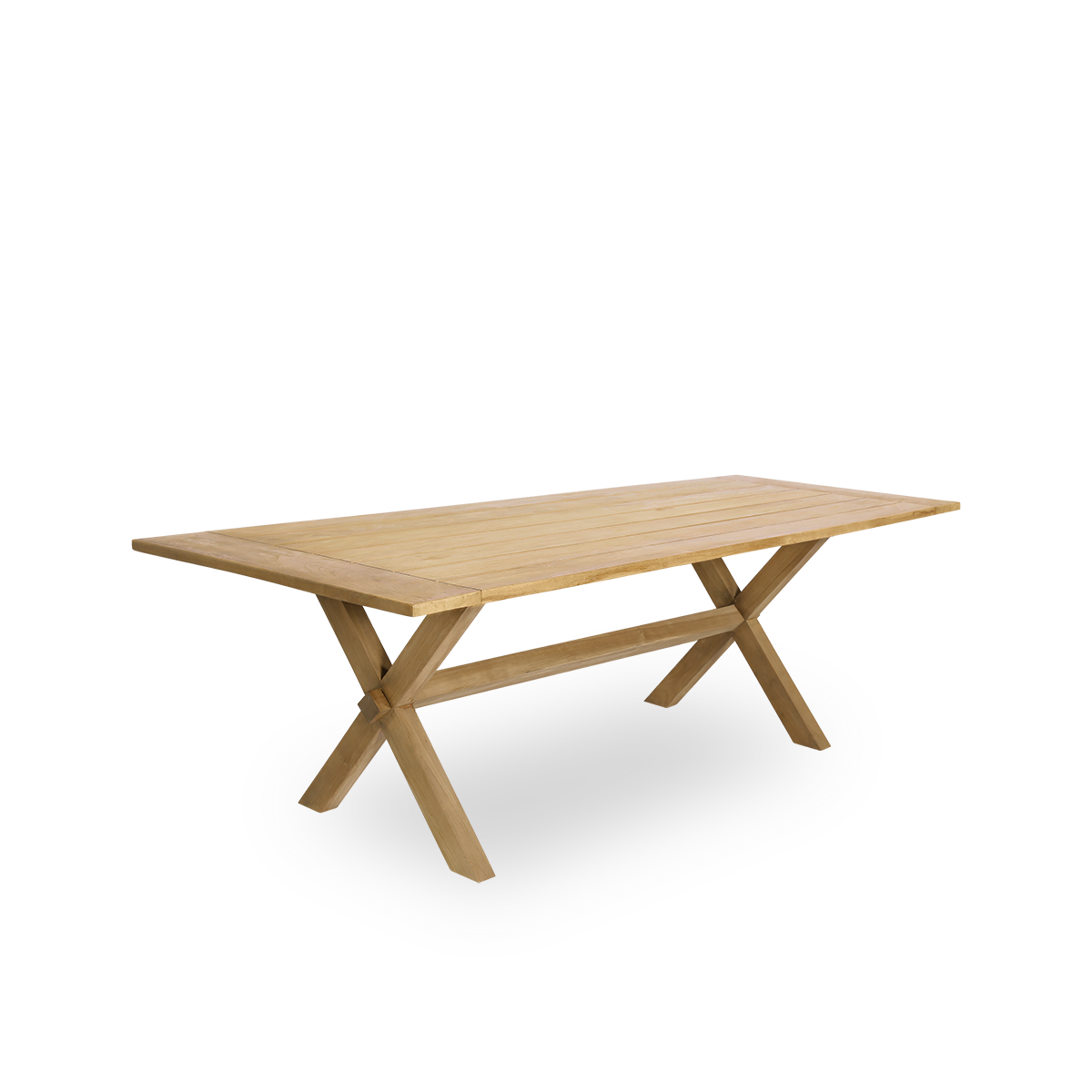 Vista lateral de la mesa de comedor exterior Colonial de teca 300x100 cm, apta para 8 personas. La mesa tiene un color castaño marrón, con las tablas de madera colocadas con un pequeño espacio entre ellas.