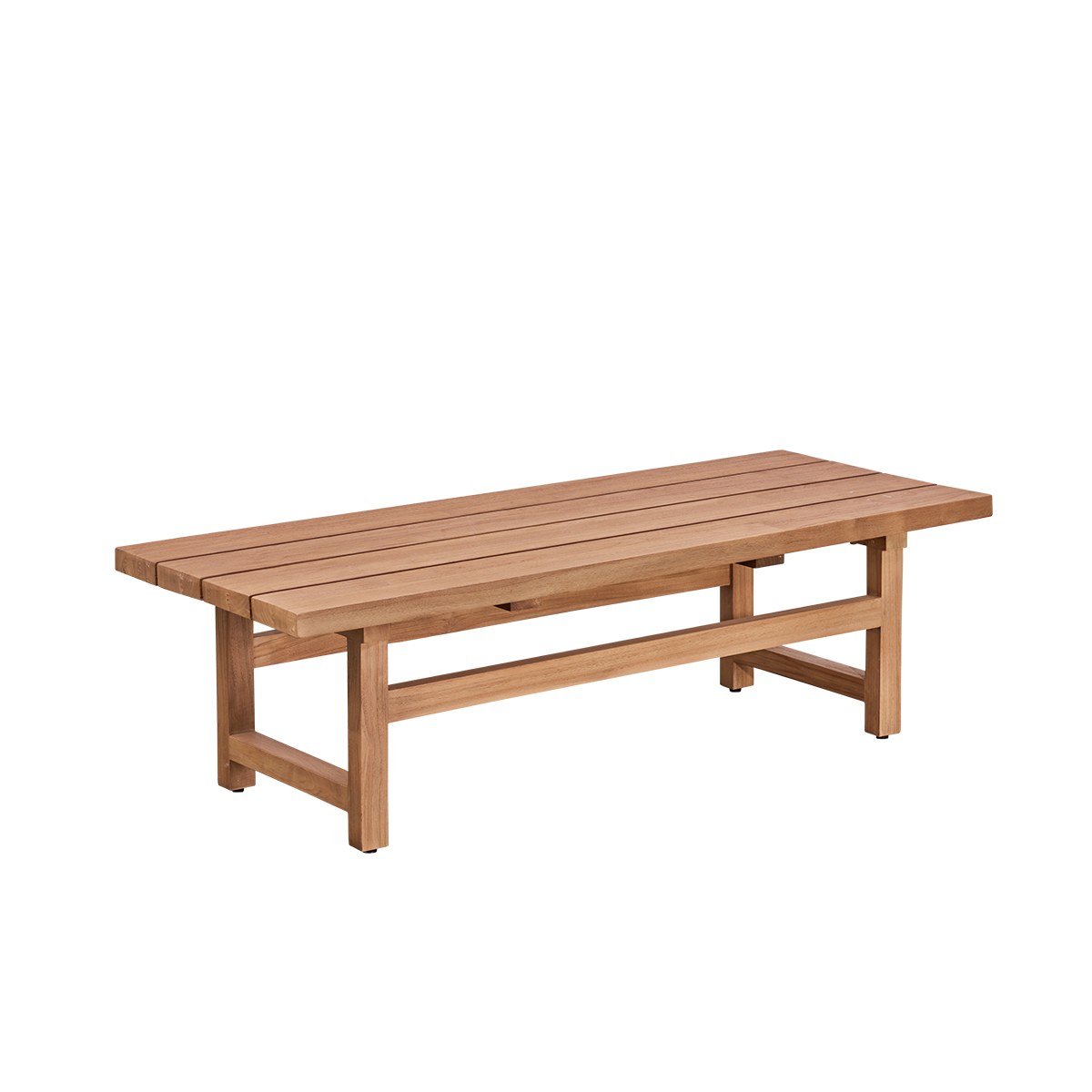 Vista lateral de la mesa de lounge de exterior Julian de teca, 140×55 cm, hecha a mano en teca premium de Indonesia en color castaño, certificada como “Indonesian Legal Wood”.