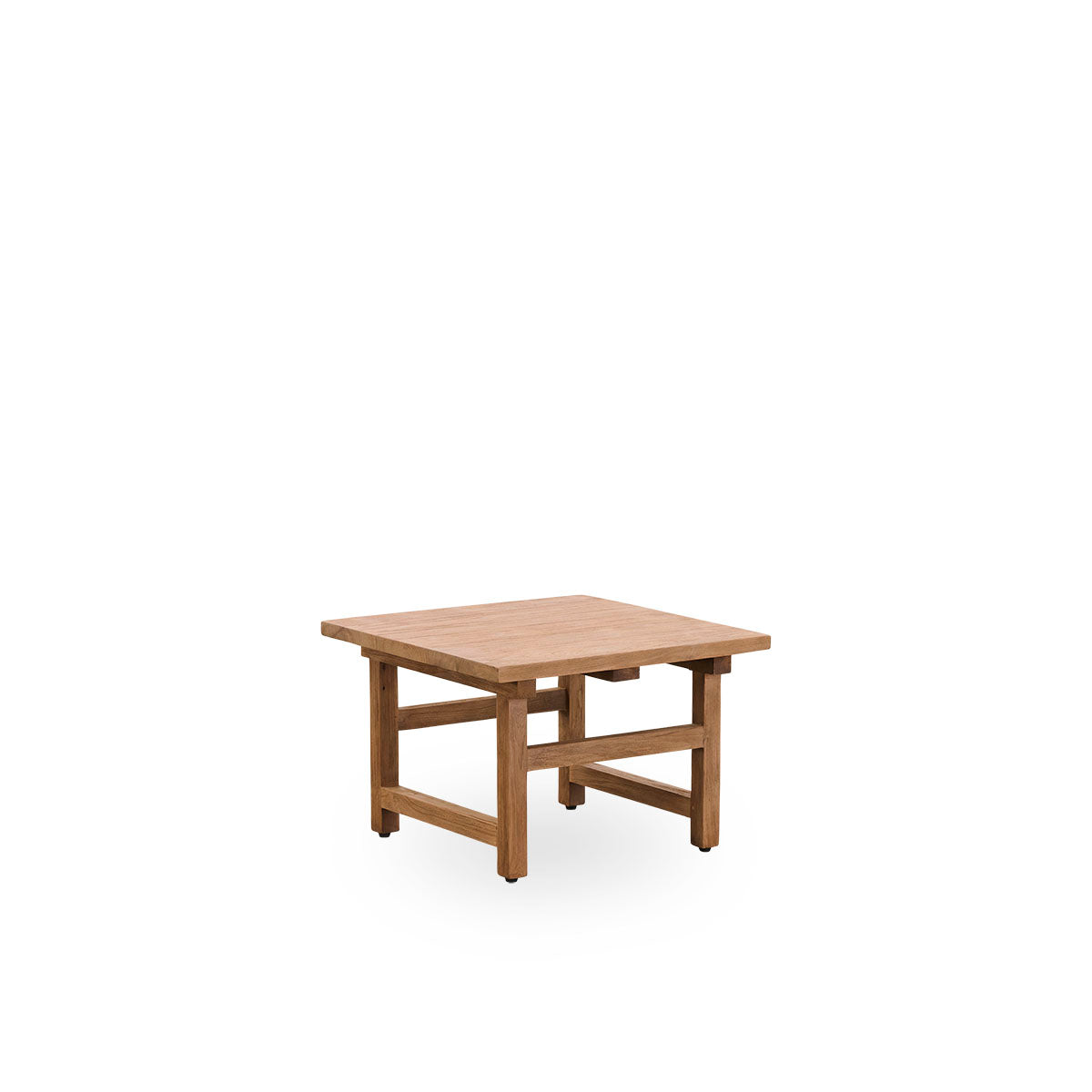 Vista lateral de la mesa auxiliar Alfred de teca, 60x60 cm, fabricada con madera legal de Indonesia, con teca patinada y acabado rústico, mostrando la madera natural y un diseño sólido.