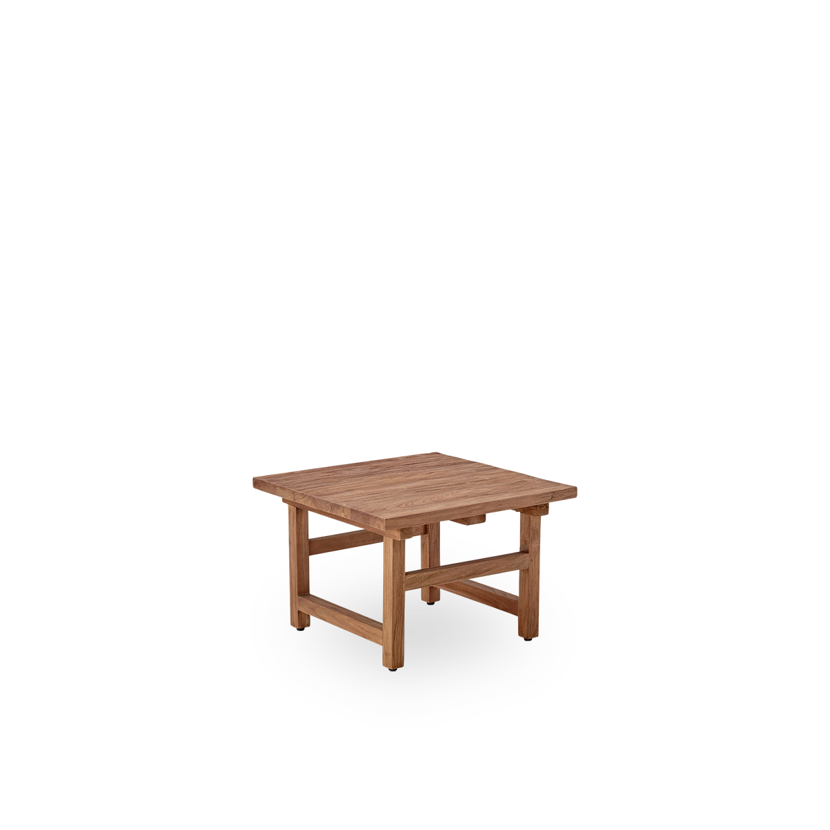 Vista lateral de la mesa auxiliar Alfred de teca, 60x60 cm, fabricada con madera legal de Indonesia, con teca patinada y acabado rústico, mostrando la madera natural y un diseño sólido.