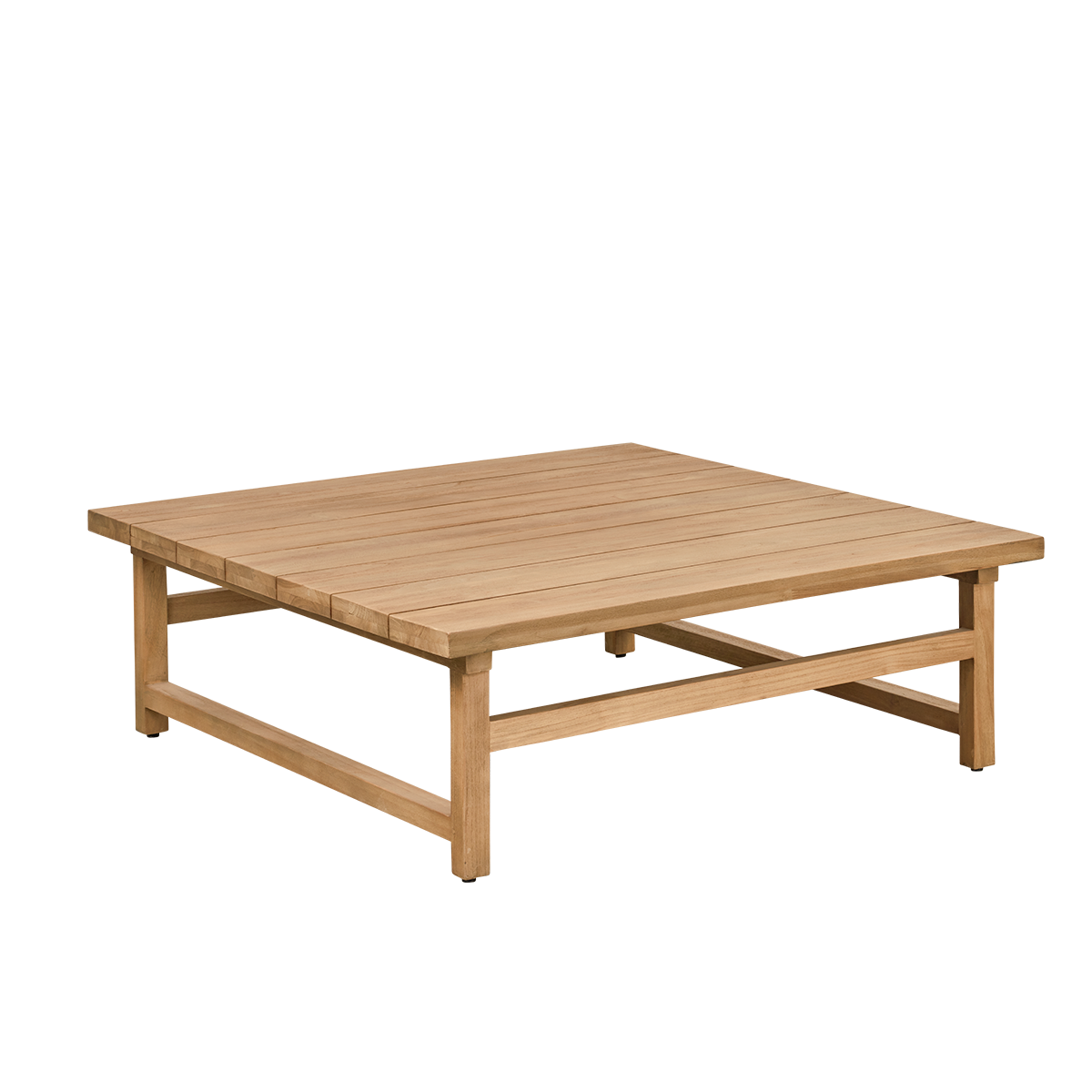 Vista lateral de la mesa de lounge de exterior Julian de teca, 120×120 cm, hecha a mano en teca premium de Indonesia en color castaño, certificada como “Indonesian Legal Wood”.