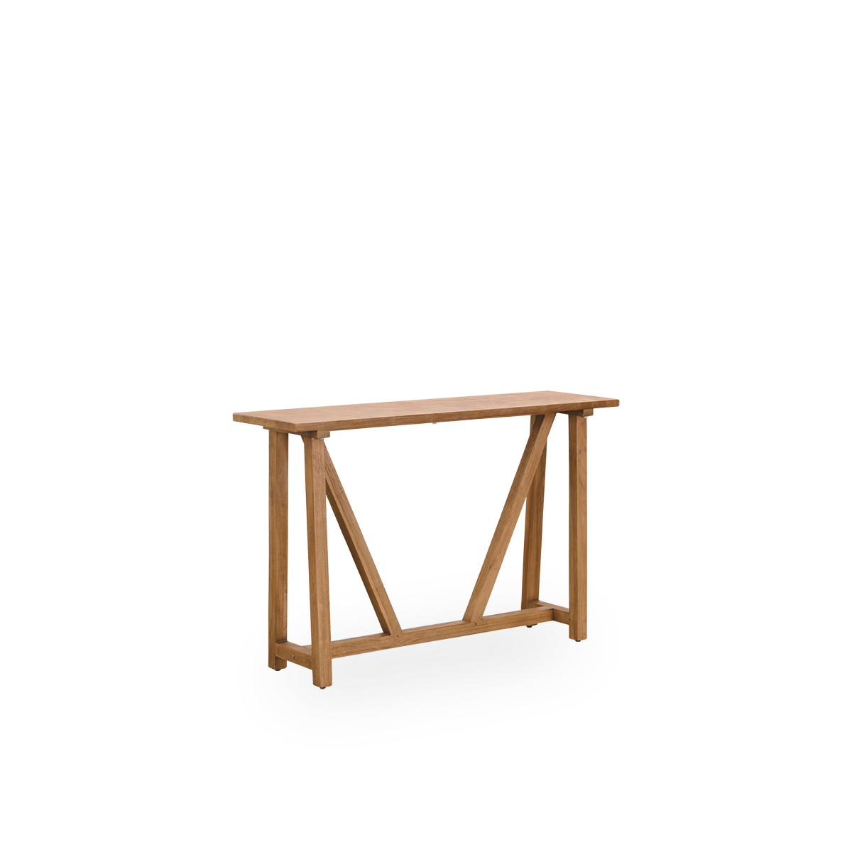 Vista lateral del Escritorio consola de teca Lucas en elegante teca patinada con aspecto rústico en color castaño natural.