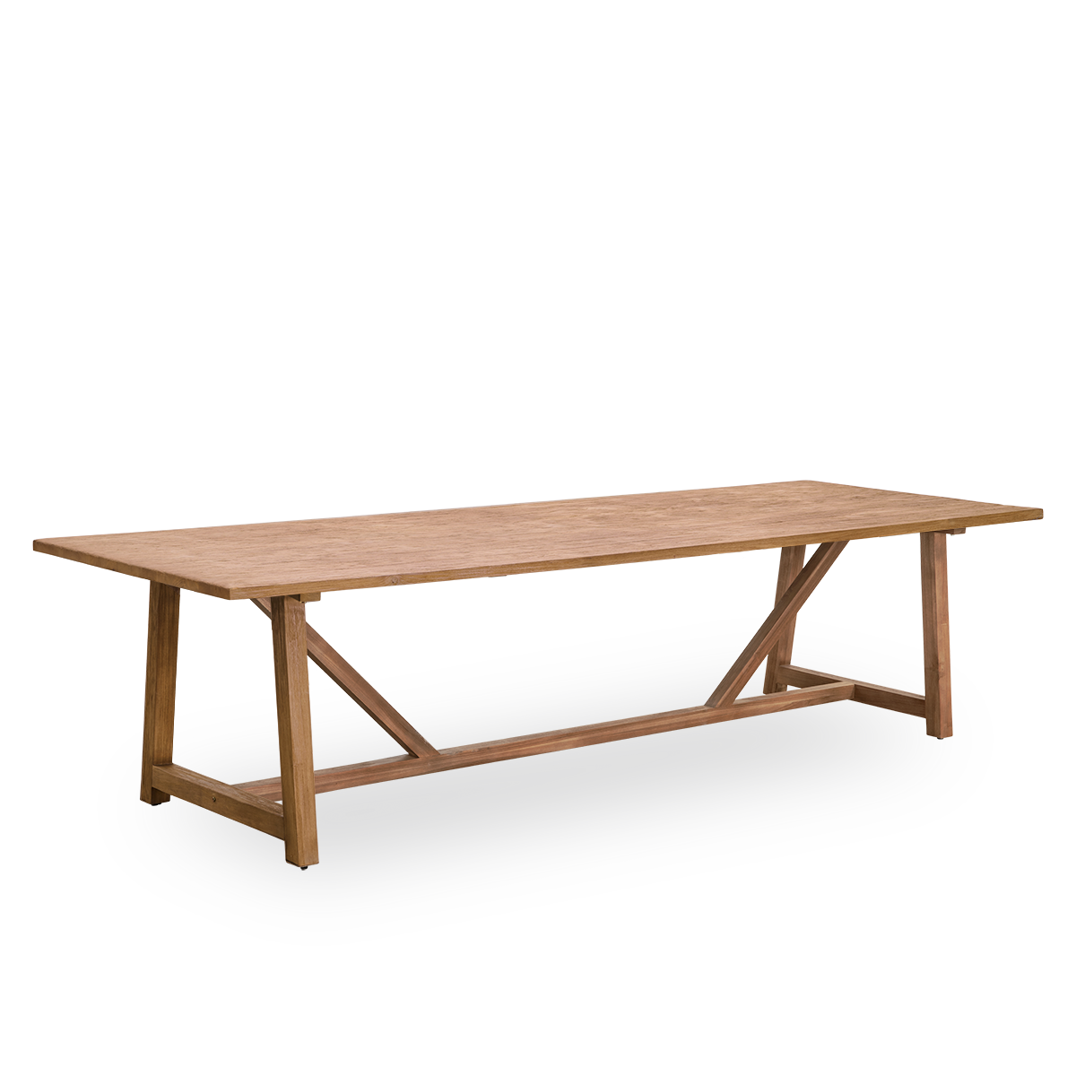 Vista lateral de la mesa de comedor de interior Lucas de teca patinada con un aspecto rústico y exclusivo en color castaño natural. Medidas 300×100 cm, capacidad para 10 personas.