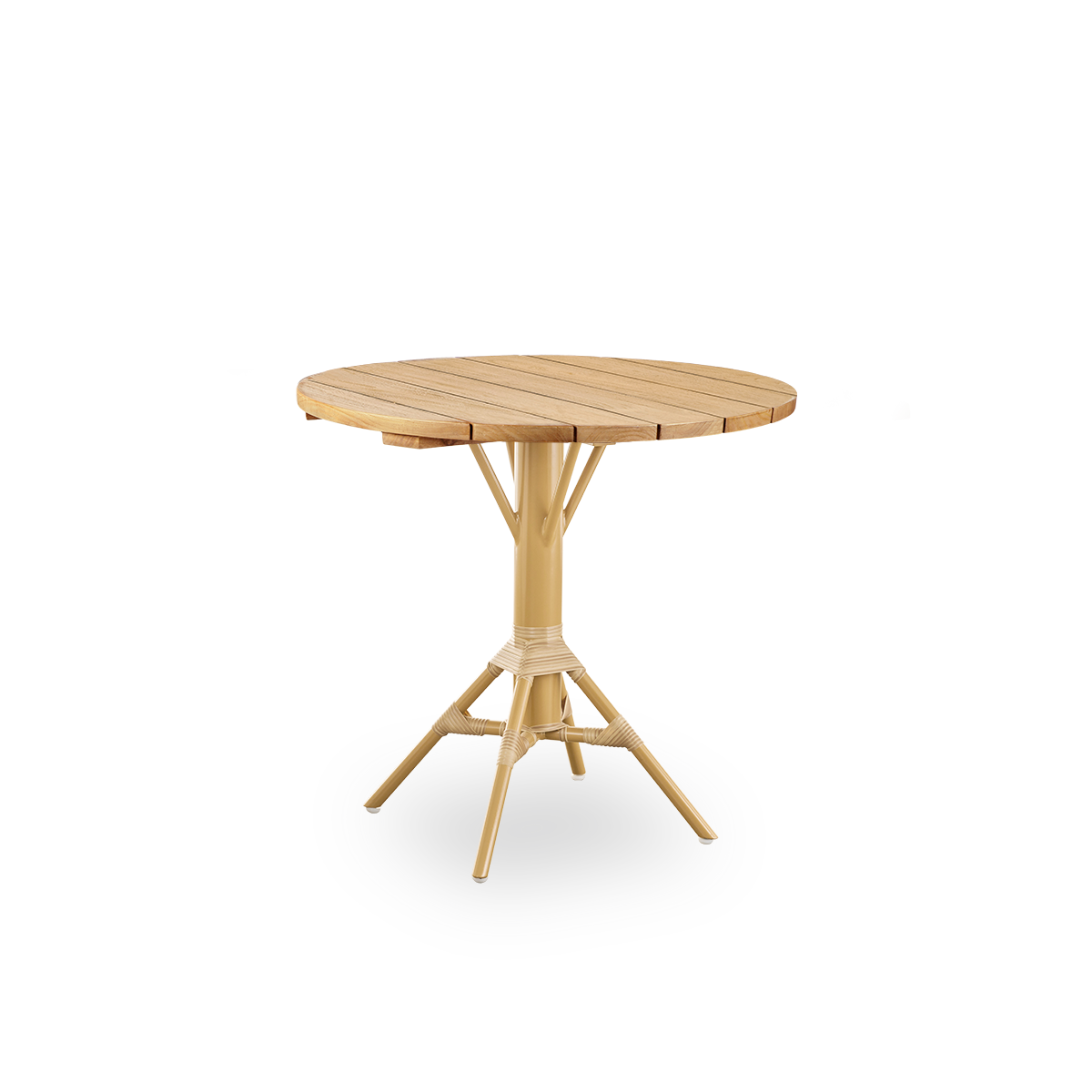 Esta es una imagen de estilo de vida de Nicole mesa de café Teak Ø80 cm en almond aluminium frame natural ArtFibre. Terraza con sillas bajo alero de techo de tejas.