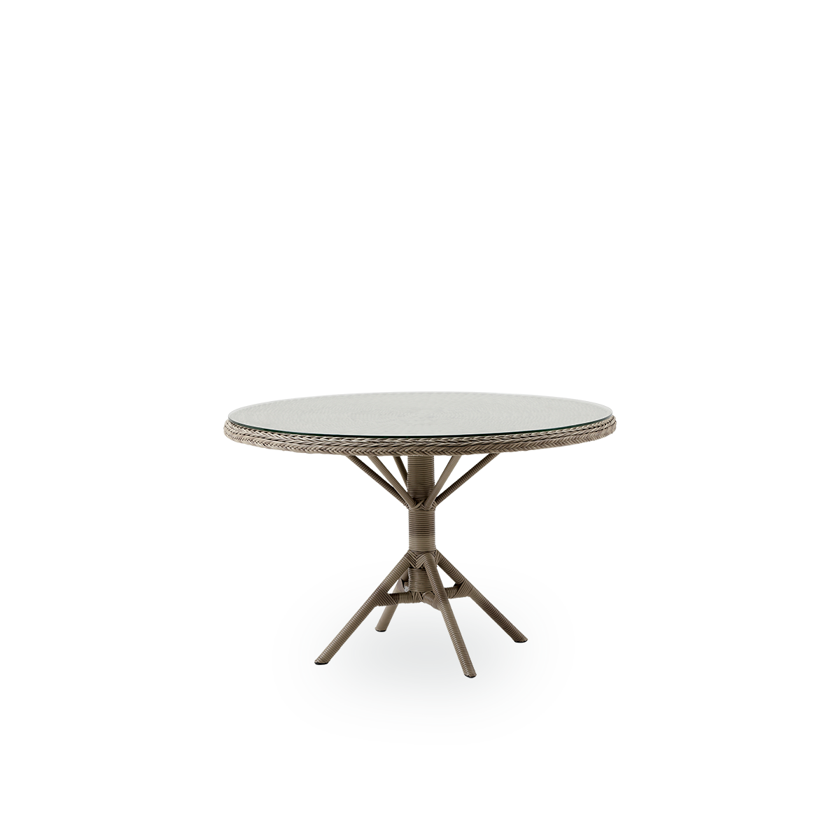 Vista lateral de la mesa de comedor Grace para exterior en color Antique Grey, estilo colonial británico. Estructura de aluminio completamente tejida con ArtFibre, con tapa de vidrio suelta.