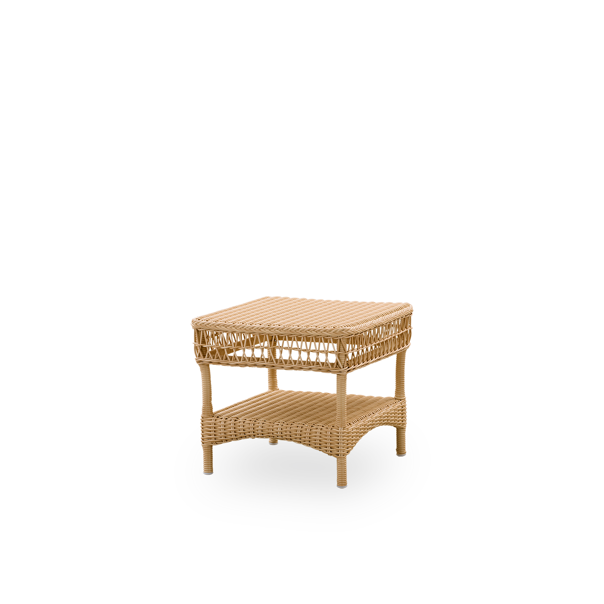 Vista lateral de la mesa auxiliar exterior Susy Exterior en color Natural, inspirada en el estilo colonial británico. Estructura de aluminio completamente tejida con ArtFibre.