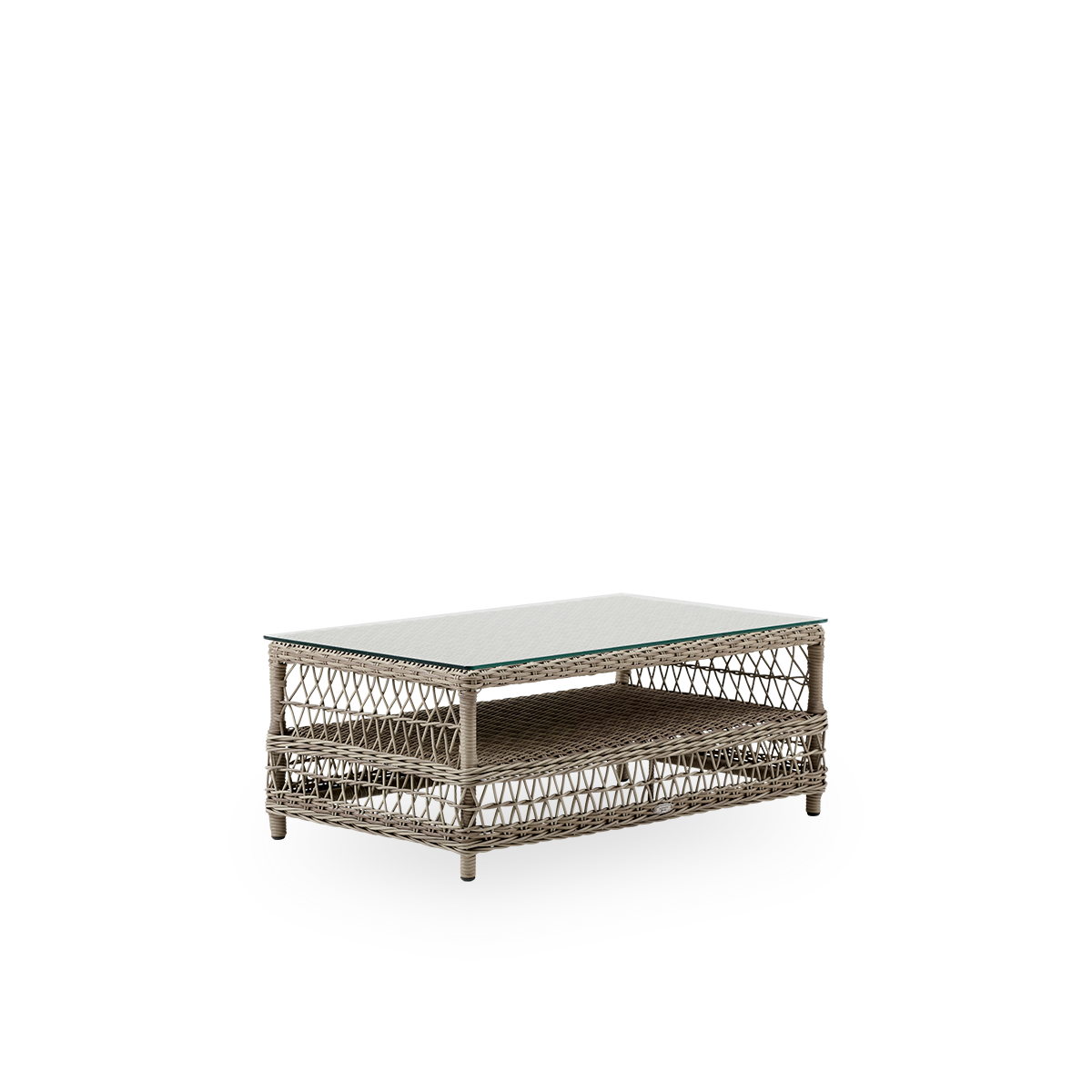 Vista lateral de la mesa de salón exterior Hazel en color Antique Grey, tamaño 100x60 cm y altura 44 cm, completamente tejida en ArtFibre sobre una estructura de aluminio con tablero de vidrio suelto de 8 mm.