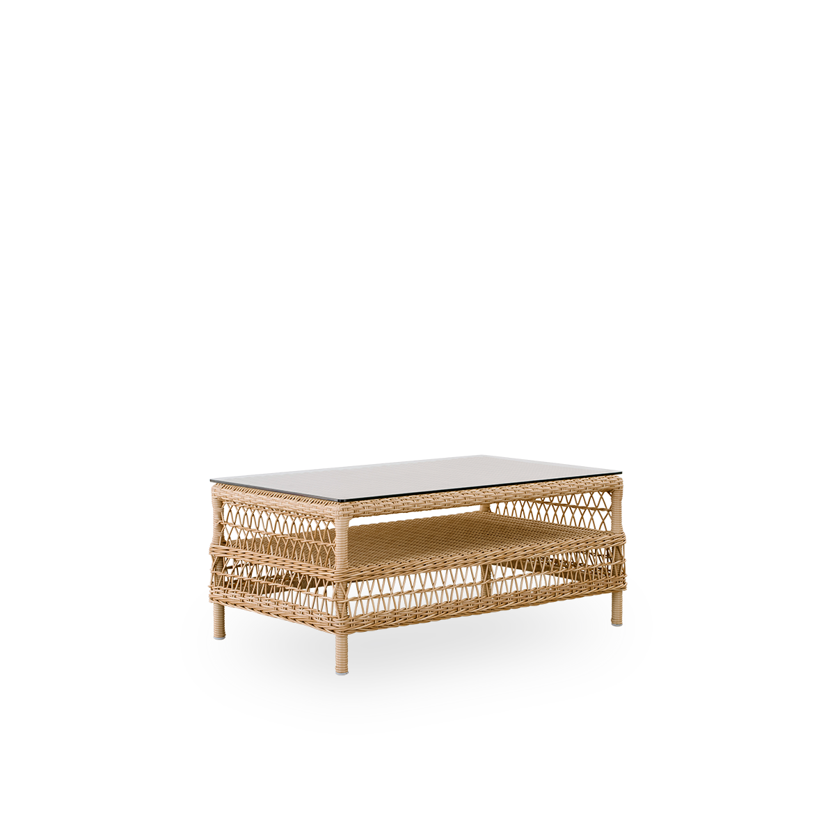 Vista lateral de la mesa de salón exterior Hazel en color natural, tamaño 100x60 cm y altura 44 cm, completamente tejida en ArtFibre sobre una estructura de aluminio con tablero de vidrio suelto de 8 mm.