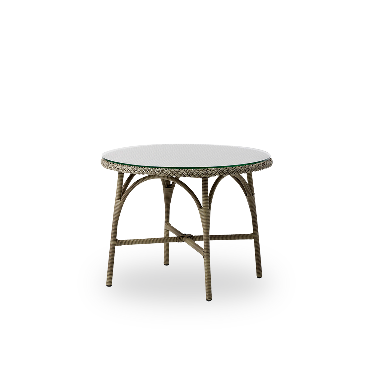 Vista lateral de la mesa de café exterior Victoria redonda con tapa de vidrio Ø80 cm. Estructura de aluminio completamente tejida con ArtFibre en color gris Antique.
