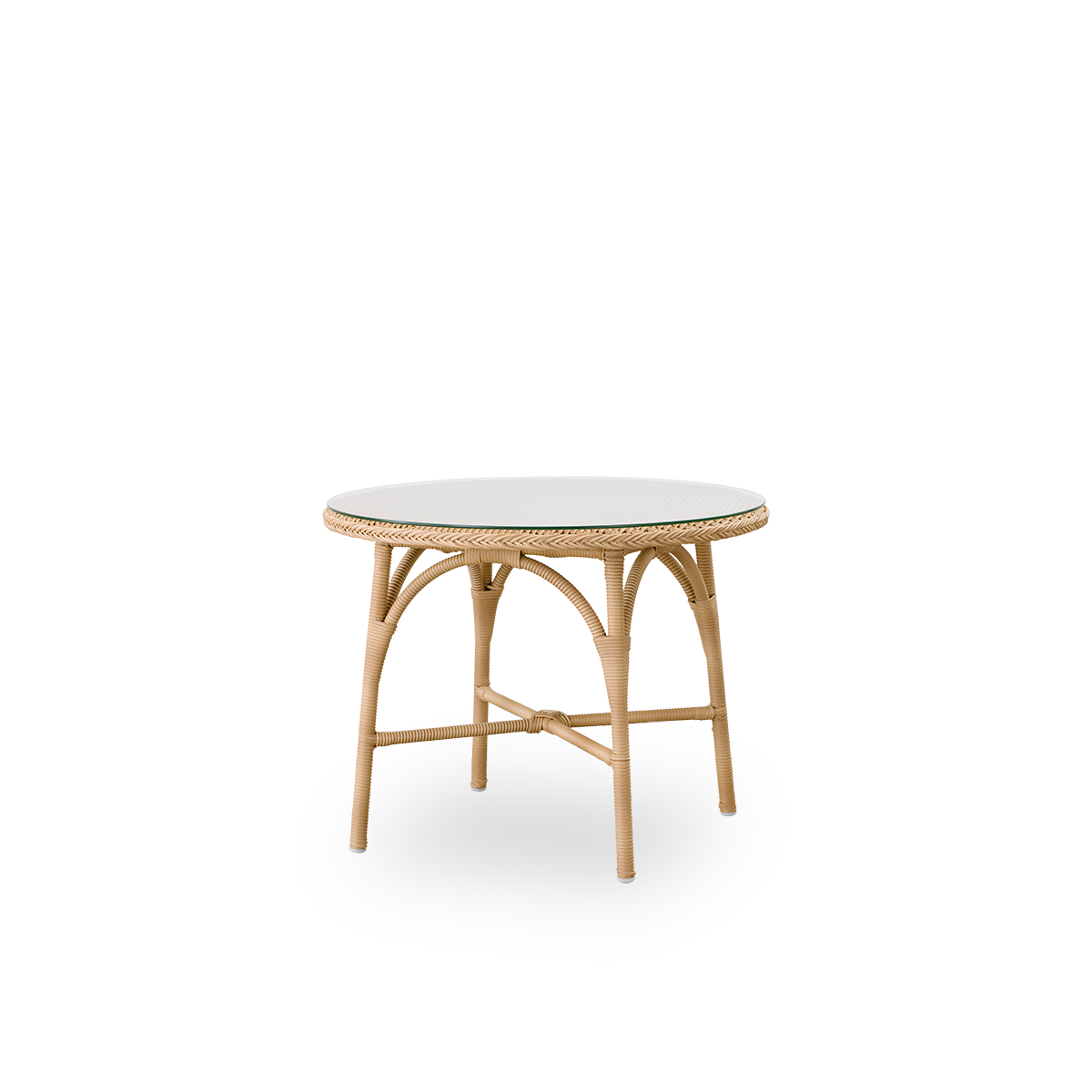 Vista lateral de la mesa de café exterior Victoria redonda con tapa de vidrio Ø80 cm. Estructura de aluminio completamente tejida