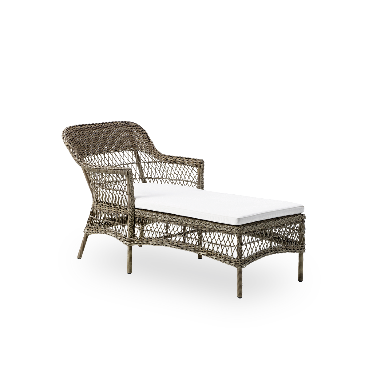 Vista lateral del chaise lounge exterior Olivia en color Antique Grey. Estructura de aluminio completamente tejida con ArtFibre. Estilo romántico inspirado en el colonial británico.
