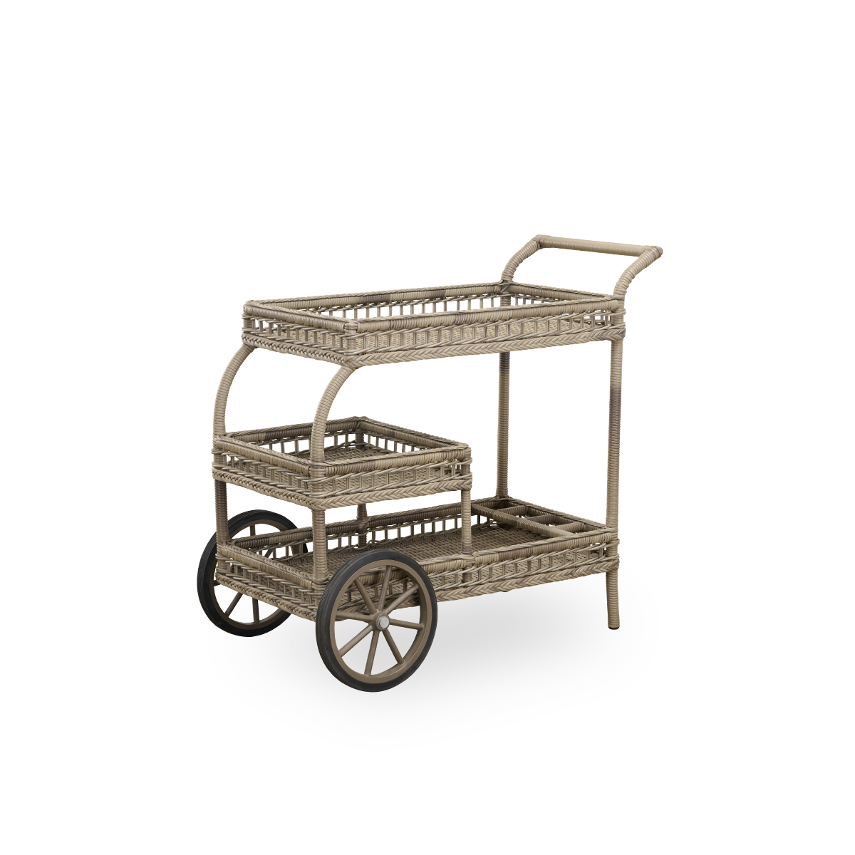 Vista lateral del carrito de bar de exterior James en Antique Grey. Hecho a mano en ArtFibre sobre estructura de aluminio curvado a mano, con trenzados detallados y dos ruedas para un fácil desplazamiento.