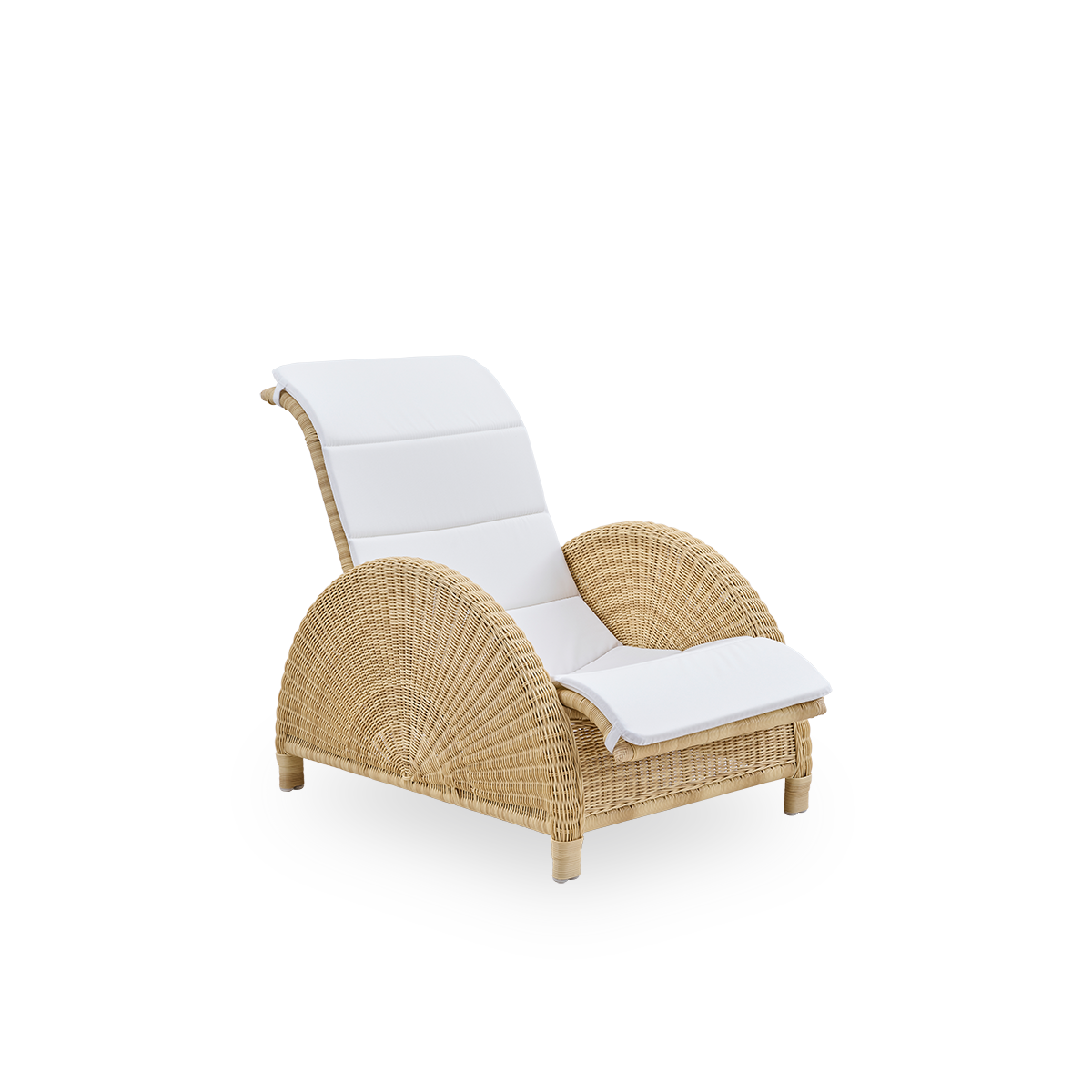 Vista lateral de la silla lounge exterior Paris, diseño icónico de Arne Jacobsen. Estructura de aluminio completamente tejida con ArtFibre.