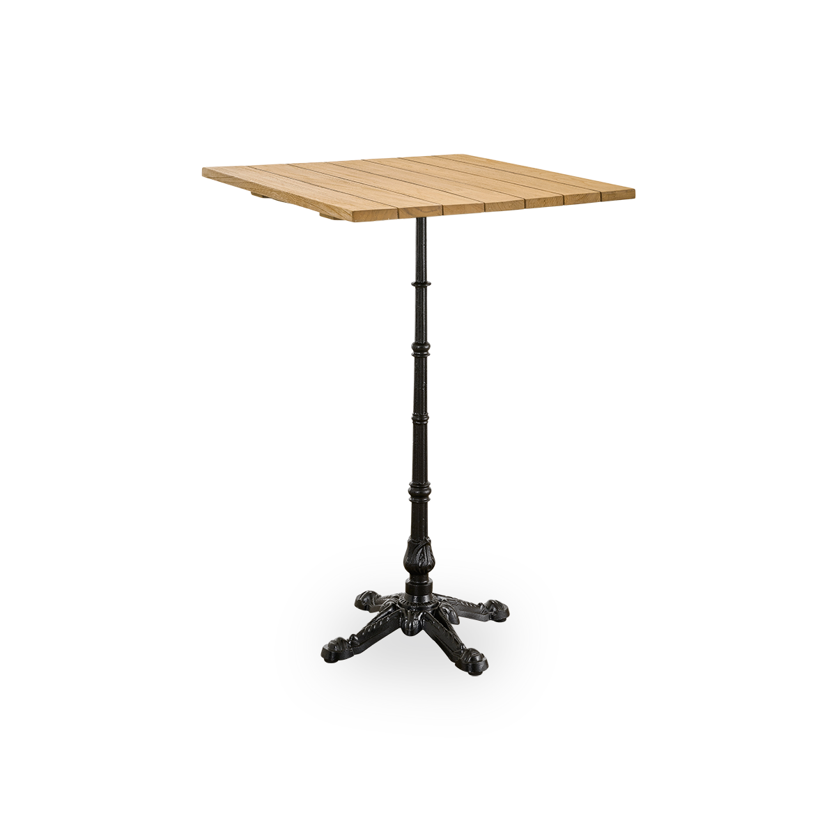 Esta es una imagen de estilo de vida de Lyon mesa de bar Teak 70x70 cm en cast iron. Terraza junto al mar con sillones tejidos y vista al océano.