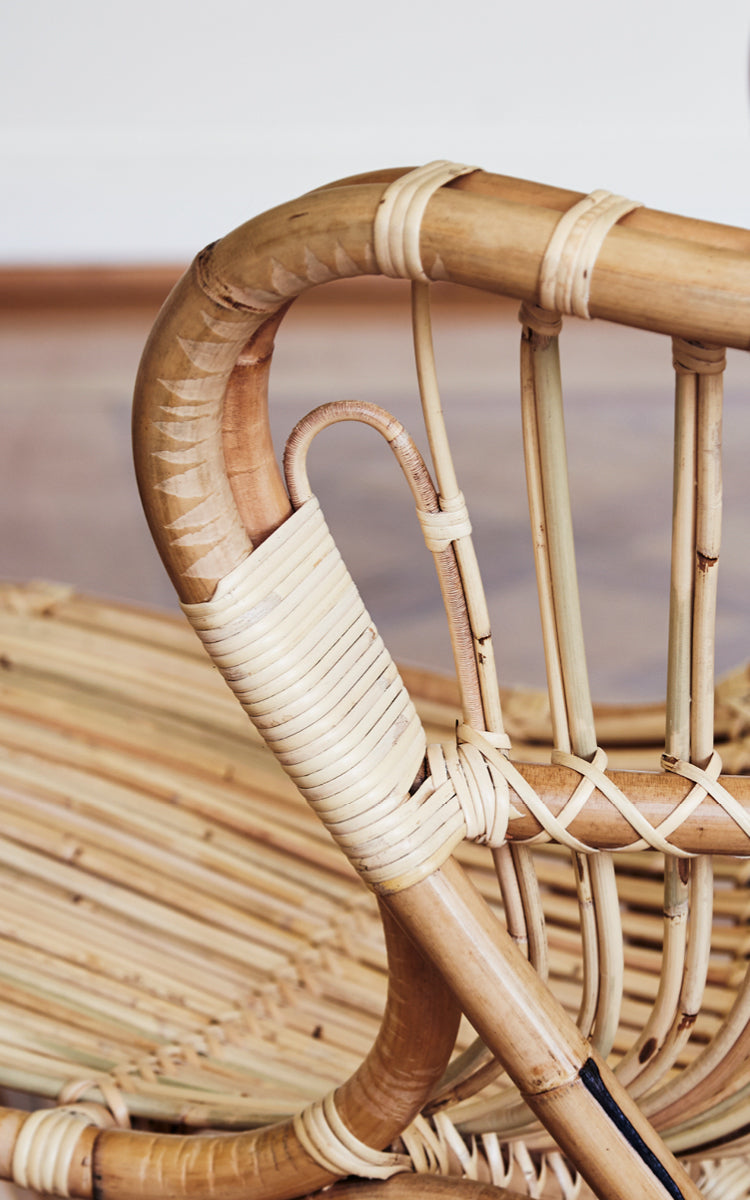 Esta es una imagen de detalle de Fox sillón lounge en polished Natural Rattan.