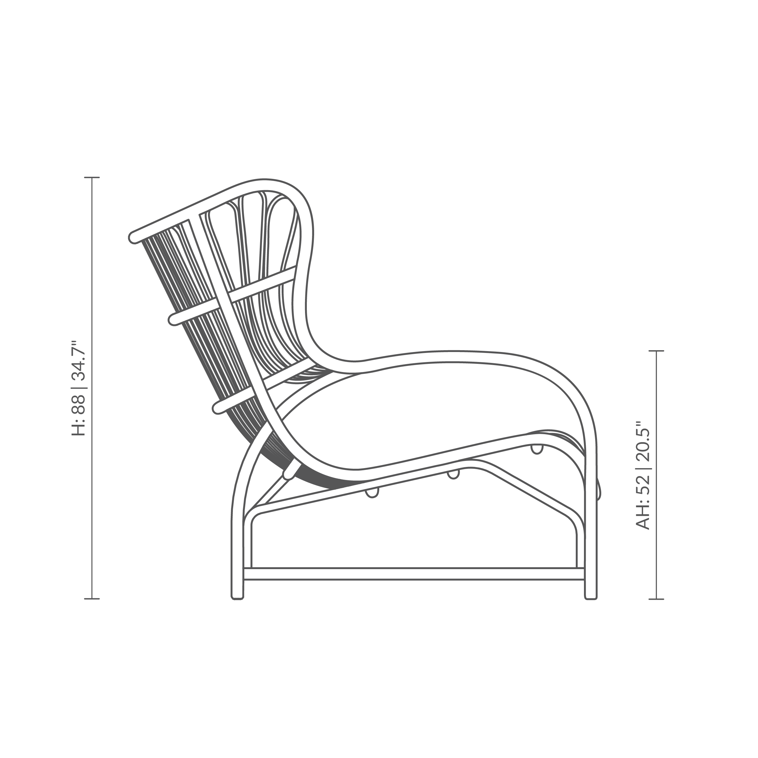 Este es un dibujo dimensional de VB-17 - Teddy Lounge Chair. Dibujo técnico con las medidas del producto.