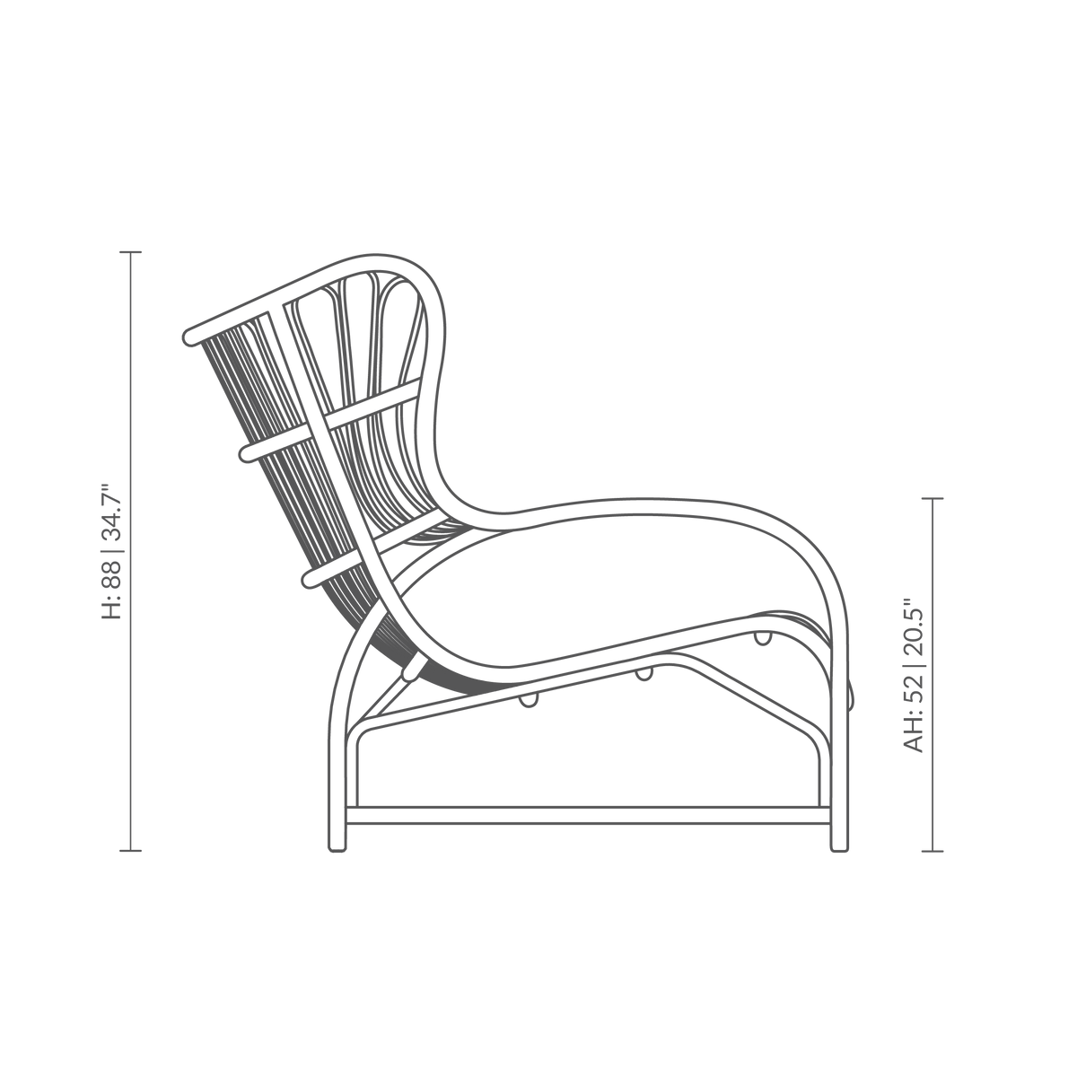 Este es un dibujo dimensional de VB-17 - Teddy Lounge Chair. Dibujo técnico con las medidas del producto.