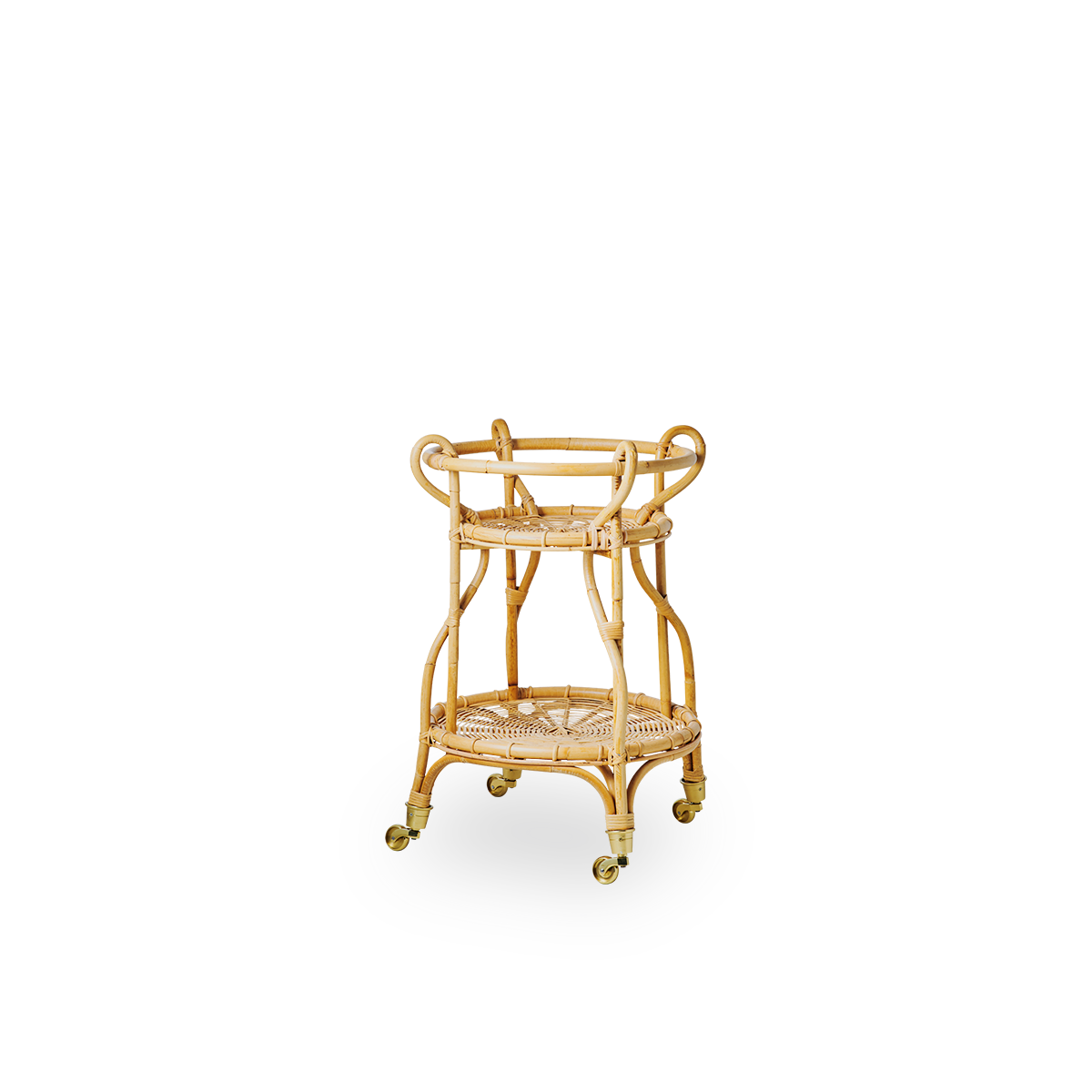 Vista lateral del carrito de ratán Fratellino en color natural, diseñado por Franco Albini & Franca Helg. Elegante carrito de ratán con formas curvas y trenzados detallados, hecho a mano con ratán indonesio de alta calidad.
