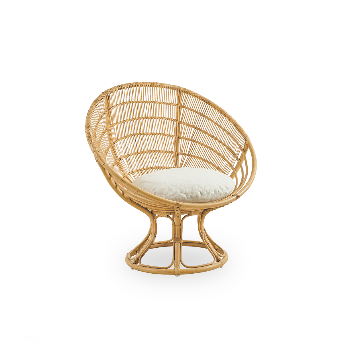 Vista lateral de la silla de lounge Luna, diseñada por Franco Albini & Franca Helg. Silla de lounge redonda con cojín de asiento, hecha a mano con ratán de alta calidad.
