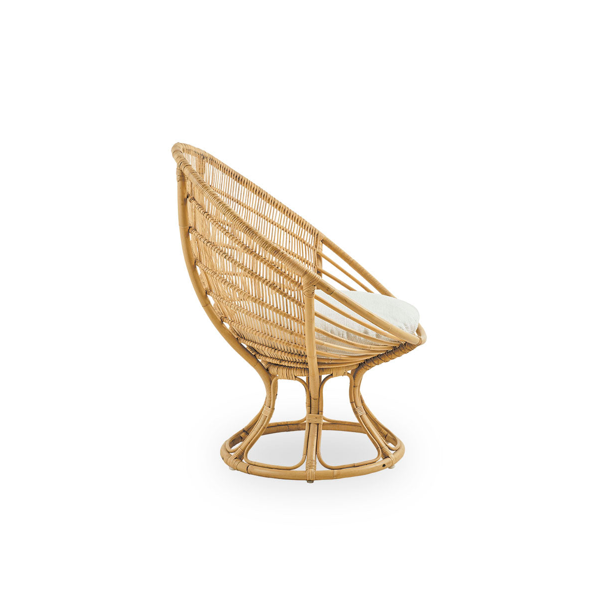 Vista lateral de la silla lounge Luna, diseñada por Franco Albini & Franca Helg. Silla lounge redonda con cojín de asiento, hecha a mano con ratán de alta calidad.