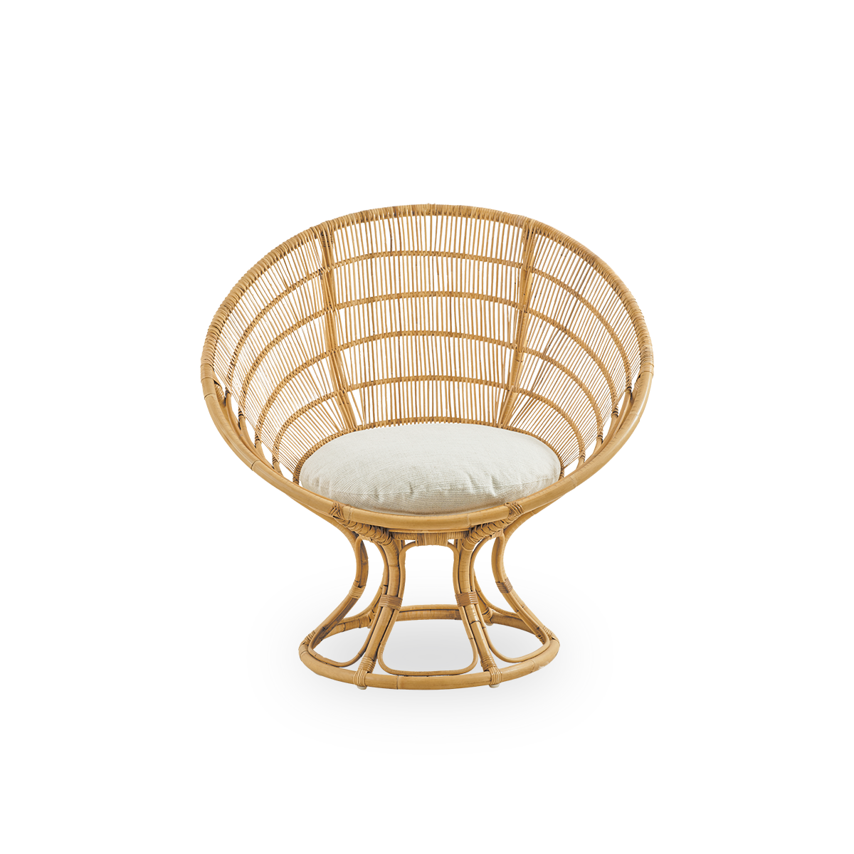 Vista frontal del sillón de salón Luna, diseñado por Franco Albini y Franca Helg.
Sillón redondo con cojín de asiento, hecho a mano con ratán de alta calidad.