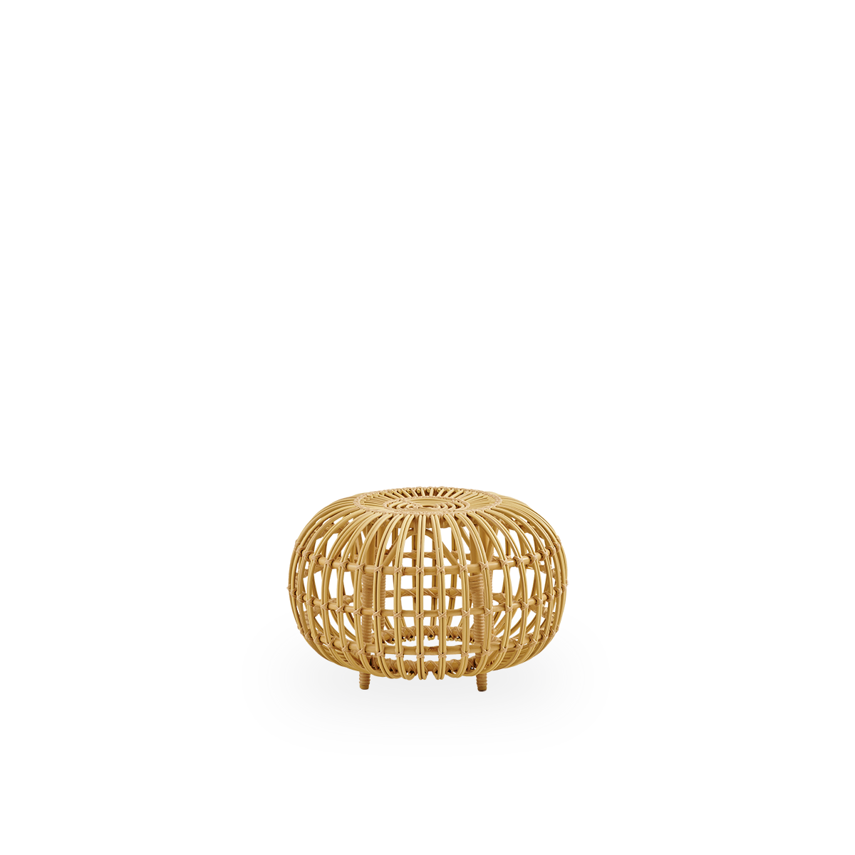 Vista lateral del puf exterior pequeño Ø55 cm, diseñado por Franco Albini & Franca Helg. Puf redondo hecho con estructura de aluminio en apariencia de ratán y enrollados de ArtFibre.