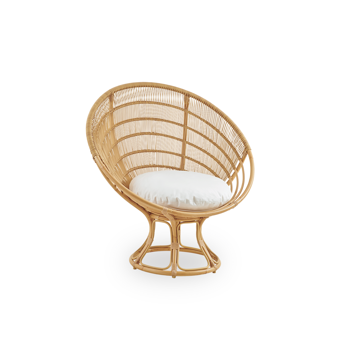 Vista lateral de la silla de lounge exterior Luna, diseñada por Franco Albini & Franca Helg. Silla de lounge redonda para exterior con estructura de aluminio con acabado pintado a mano imitando ratán y enrollados de ArtFibre.