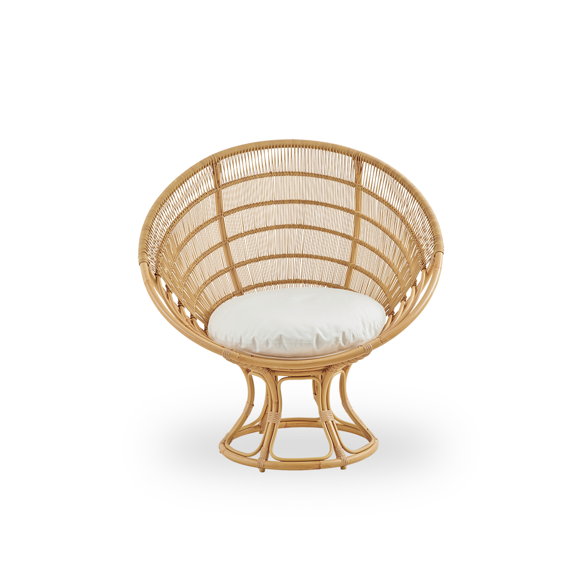 Vista frontal del sillón de salón exterior Luna, diseñado por Franco Albini y Franca Helg.
Sillón redondo para exteriores con estructura de aluminio con aspecto de ratán pintado a mano y detalles tejidos de ArtFibre.