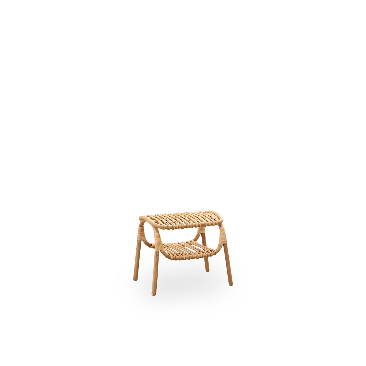 Side view of Machiya stool designed by Jin Kuramoto inspired by traditional Japanese Machiya townhouses. Handcrafted from high-quality Indonesian rattan. Width 53 cm.