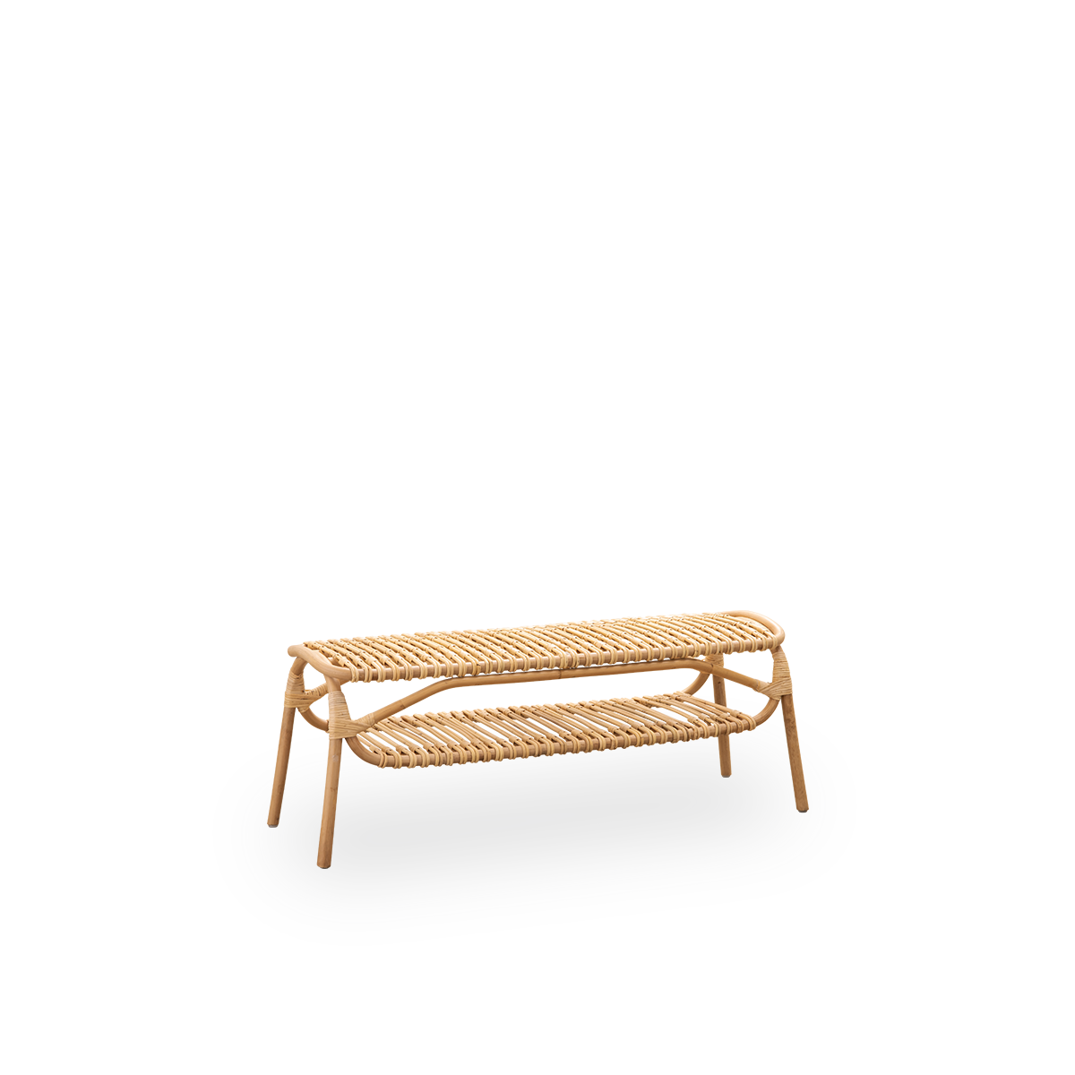 Vista lateral del banco Machiya, diseñado por Jin Kuramoto e inspirado en las tradicionales casas Machiya japonesas. Hecho a mano con ratán de alta calidad de Indonesia. Longitud 120 cm.