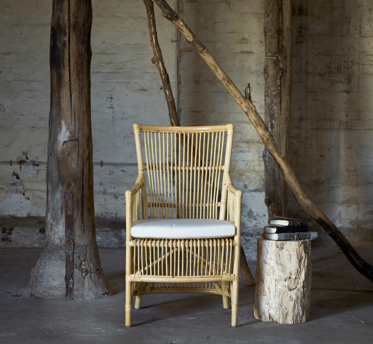 Esta es una imagen de estilo de vida de Davinci silla de comedor en natural rattan, en un interior luminoso con paredes de paneles blancos y parqué.