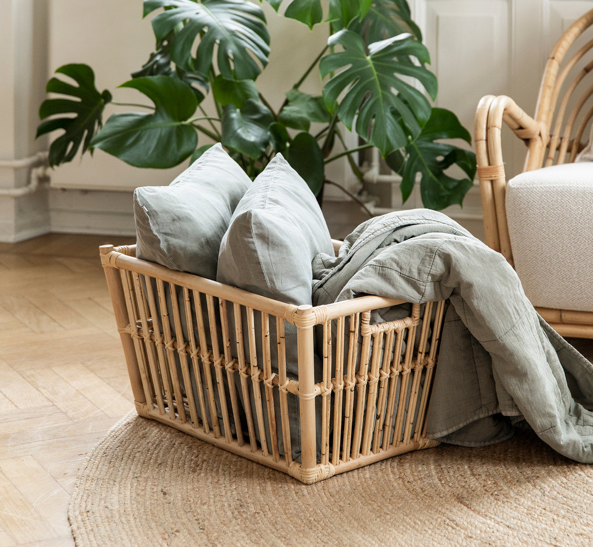 Esta es una imagen de estilo de vida de Marche cesta en natural rattan. Llena de cojines de lino junto a una planta monstera sobre suelo de roble.