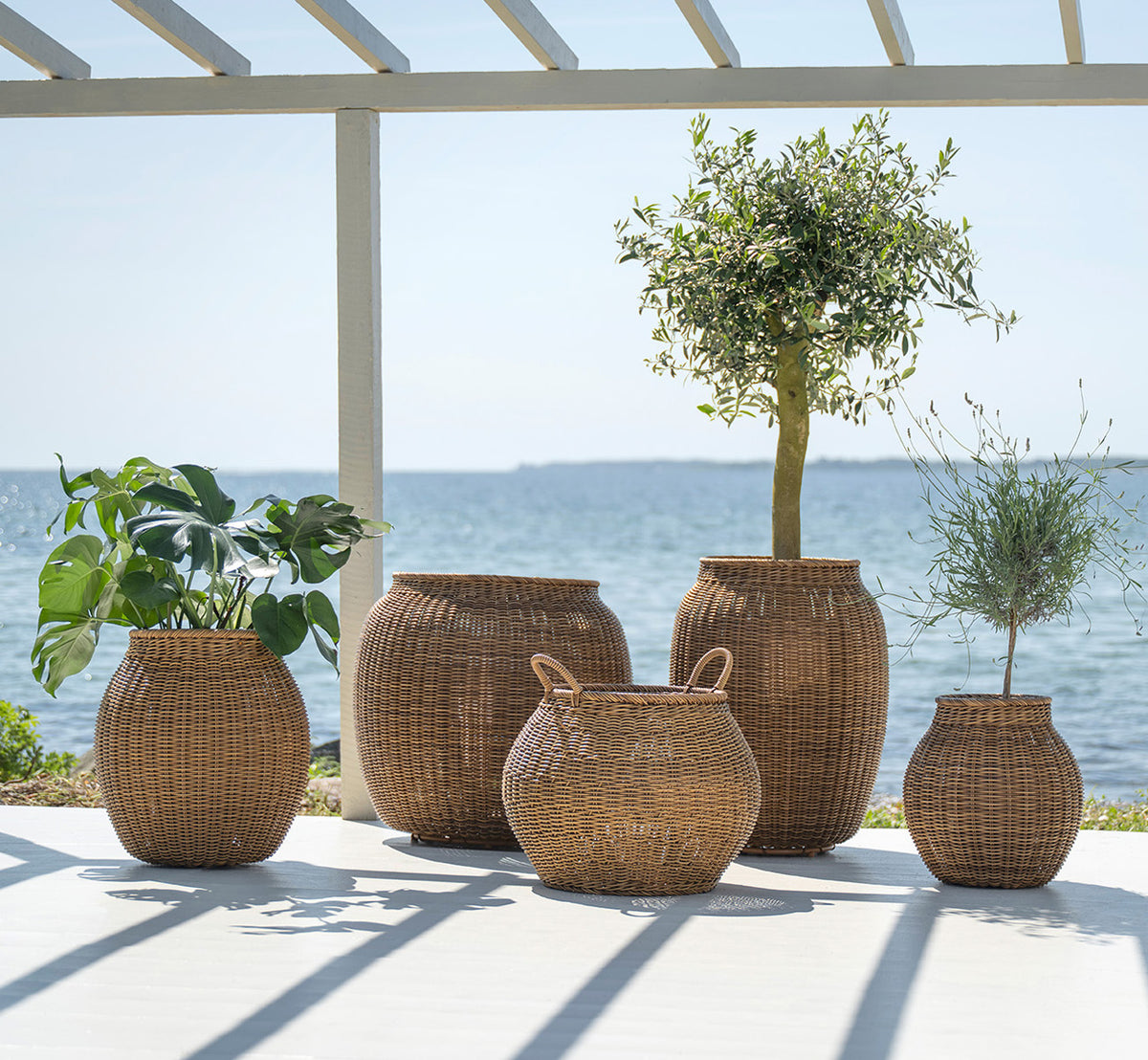 Esta es una imagen de estilo de vida de Alma cesta en chestnut core weave ArtFibre Aluminium, en un patio exterior soleado con pared blanca y suelo.