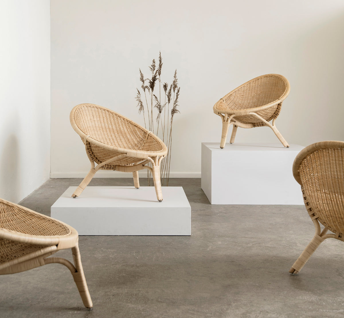 Esta es una imagen de estilo de vida de Rana sillón lounge en natural core weave rattan frame. De pie sola en una sala con paneles dorados y suelo de parqué.