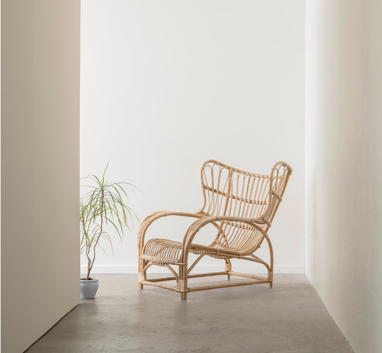 Esta es una imagen de estilo de vida de Teddy sillón lounge en polished natural rattan. Colocado sobre un suelo en espiga junto a una ventana con cortinas y un pequeño espejo.